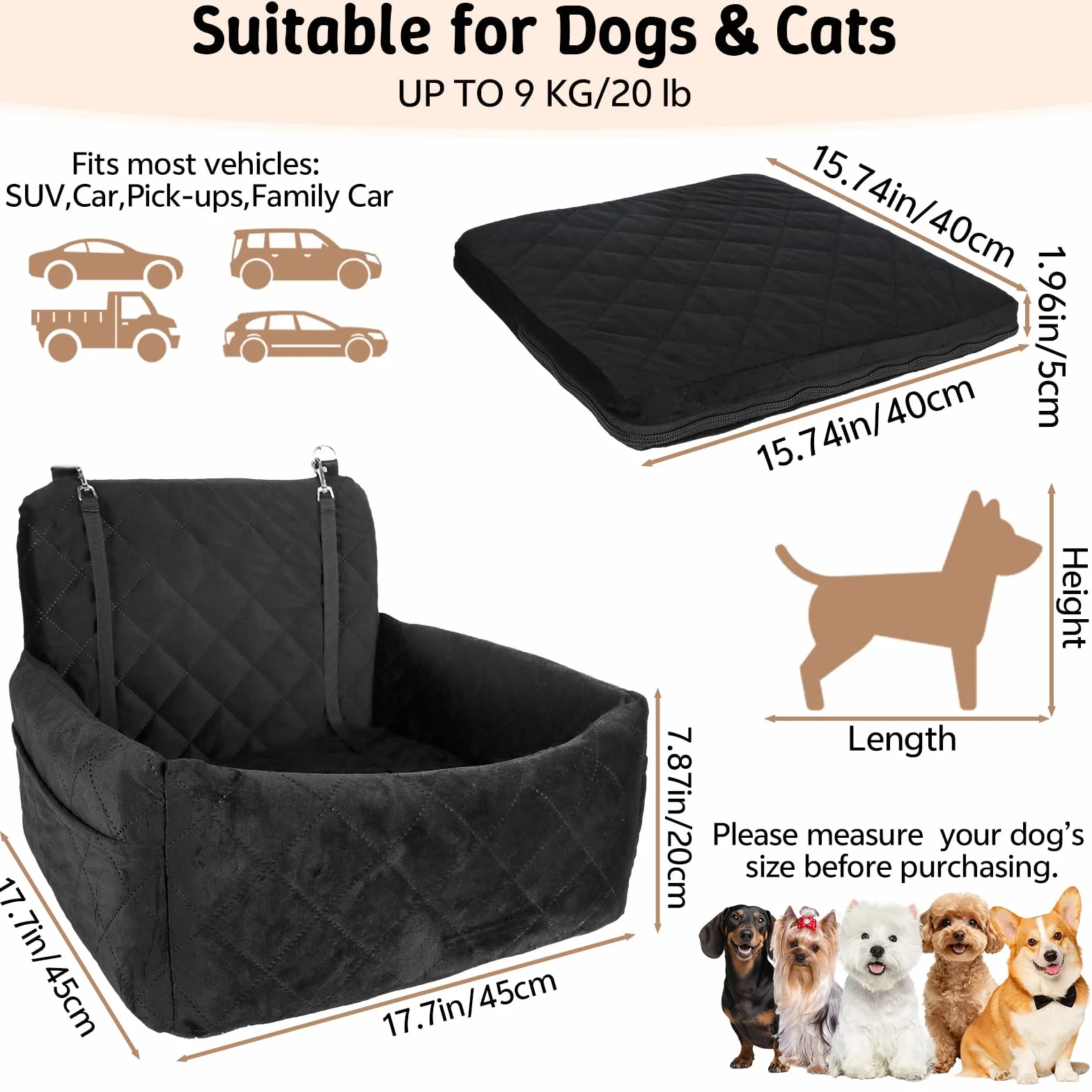 Asiento de coche para perros pequeños, cama de coche para perros con espuma viscoelástica gruesa, asiento elevador para cachorros para perros pequeños, lavable desmontable y 2 cinturones de