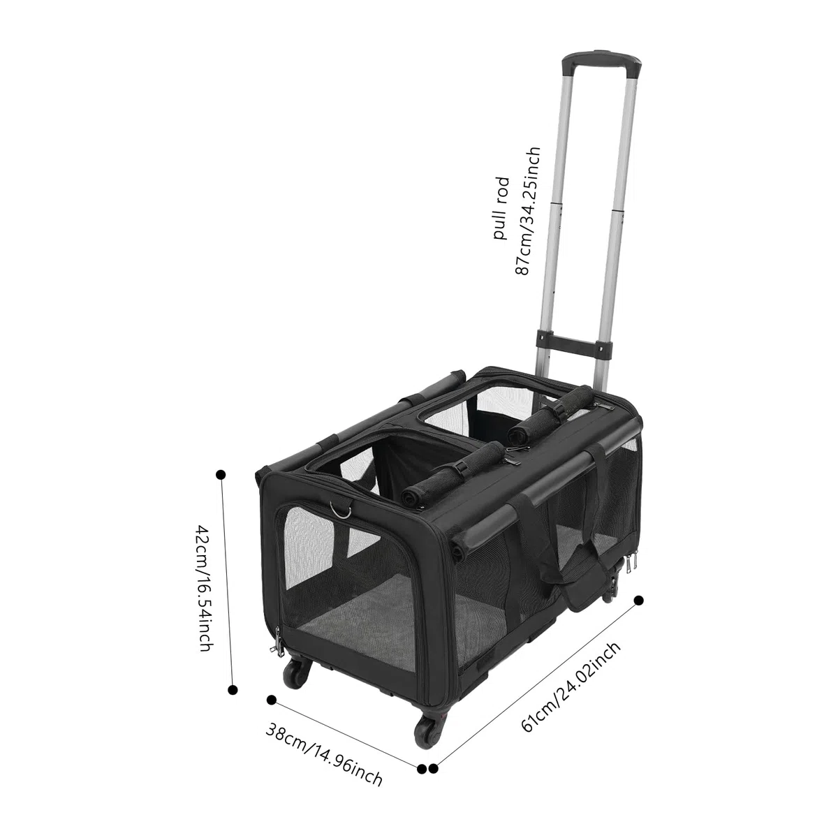 Transportín para mascotas con dos compartimentos y ruedas para gato/perro, caja de transporte extraíble para gatos con asa telescópica para 2 gatos/perros, hasta 17,5 kg, para viajes, senderismo