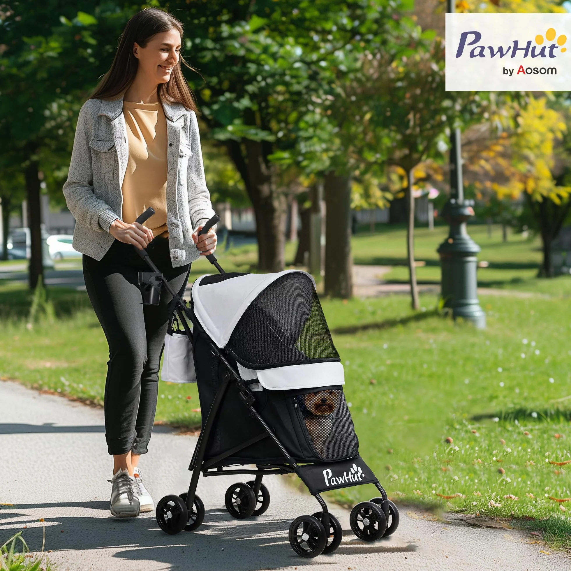 PawHut Cochecito plegable para perros pequeños con correas, bolsa portaobjetos y portavasos, cochecito para mascotas con ventanas de malla, 76 x 44 x 103 cm, negro y gris claro
