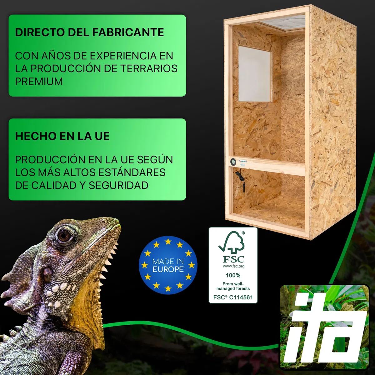 ITA Terrario para Camaleón 120x60x60 cm con ventilación de superficie e higrómetro integrado - Terrario de madera de OSB-3 placas - Terrarios para camaleones y otras especies animales - Producto de la