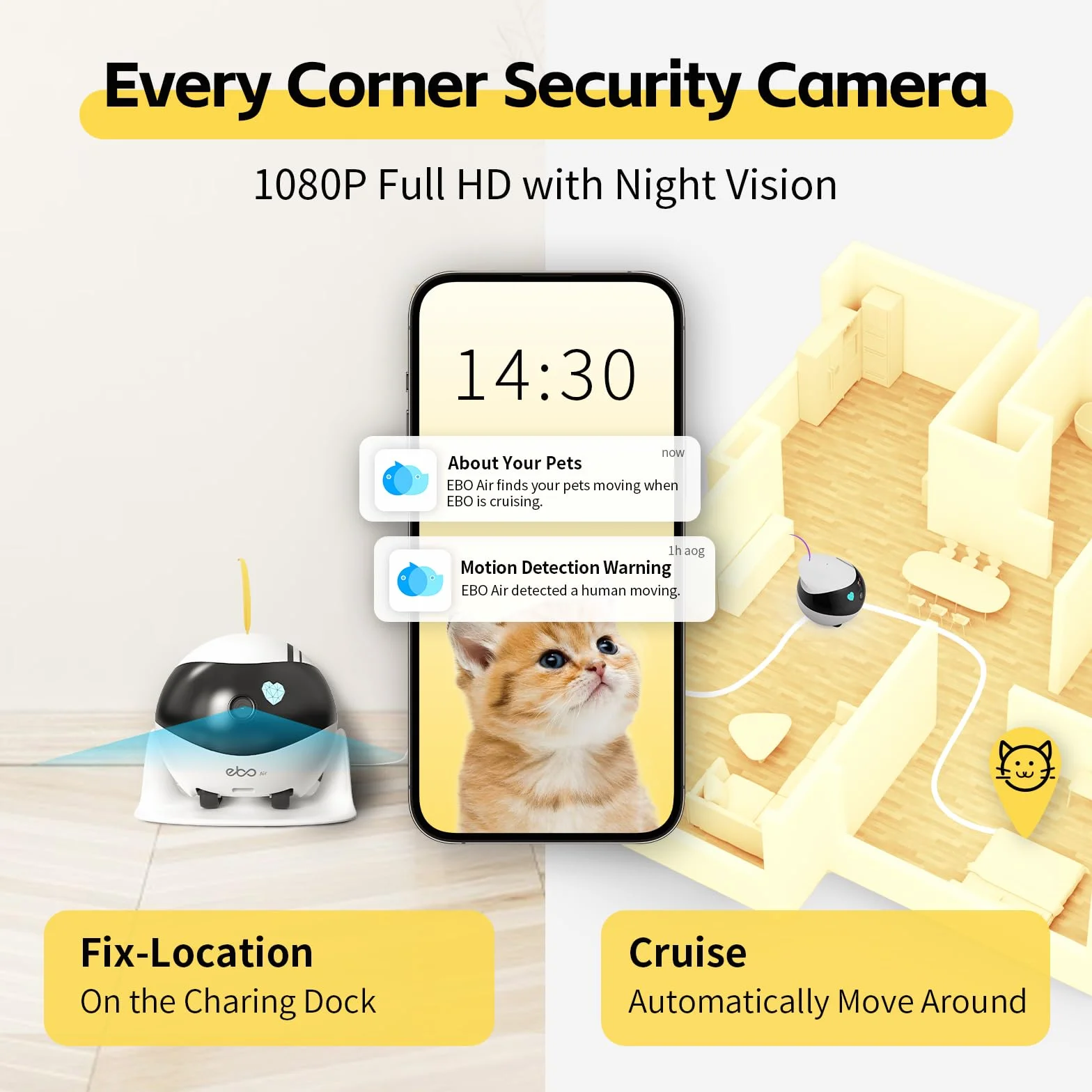 Enabot EBO Air Cámara Móvil de Seguridad para el Hogar,Cámara de Vigilancia FHD 1080P con Detección de AI,Mascota Electrónica,Audio Bidireccional,Visión Nocturna,Crucero Automático,Carga Automática