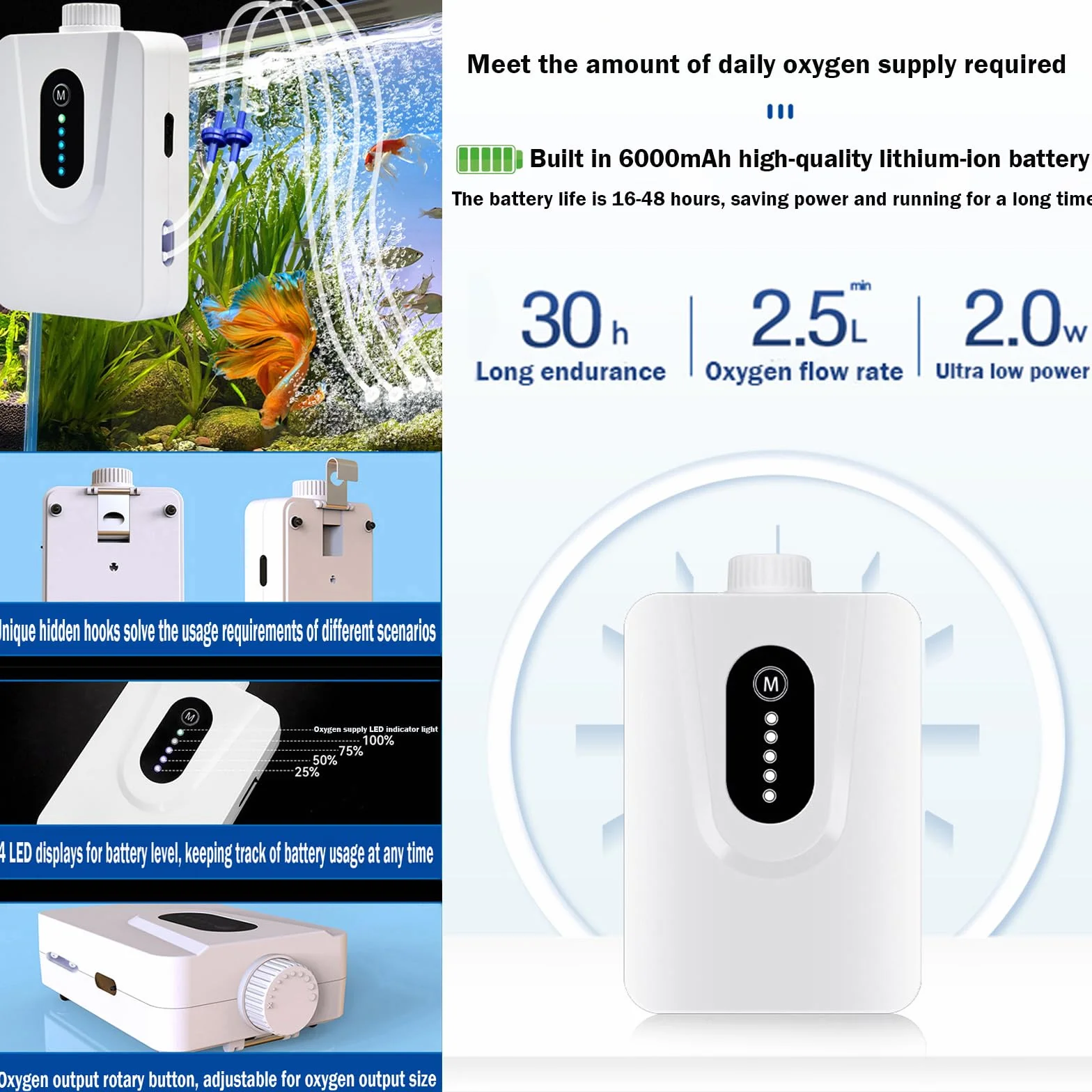 Bomba de Aire Solar 6W Con Batería 6000mAh - Aireador de Estanque y Acuario, Carga USB y Solar - Oxigenador Con Tubo de Piedras de Burbujas Para Pesca