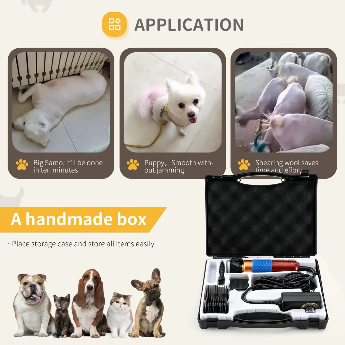 CGOLDENWALL Cortapelo para Mascotas 200W - Bajo Ruido y Vibración - Clippers para Animal Profesional con Cable de 3m Ideal para Conejo/Perro/Gato/Oveja y Otros Animales