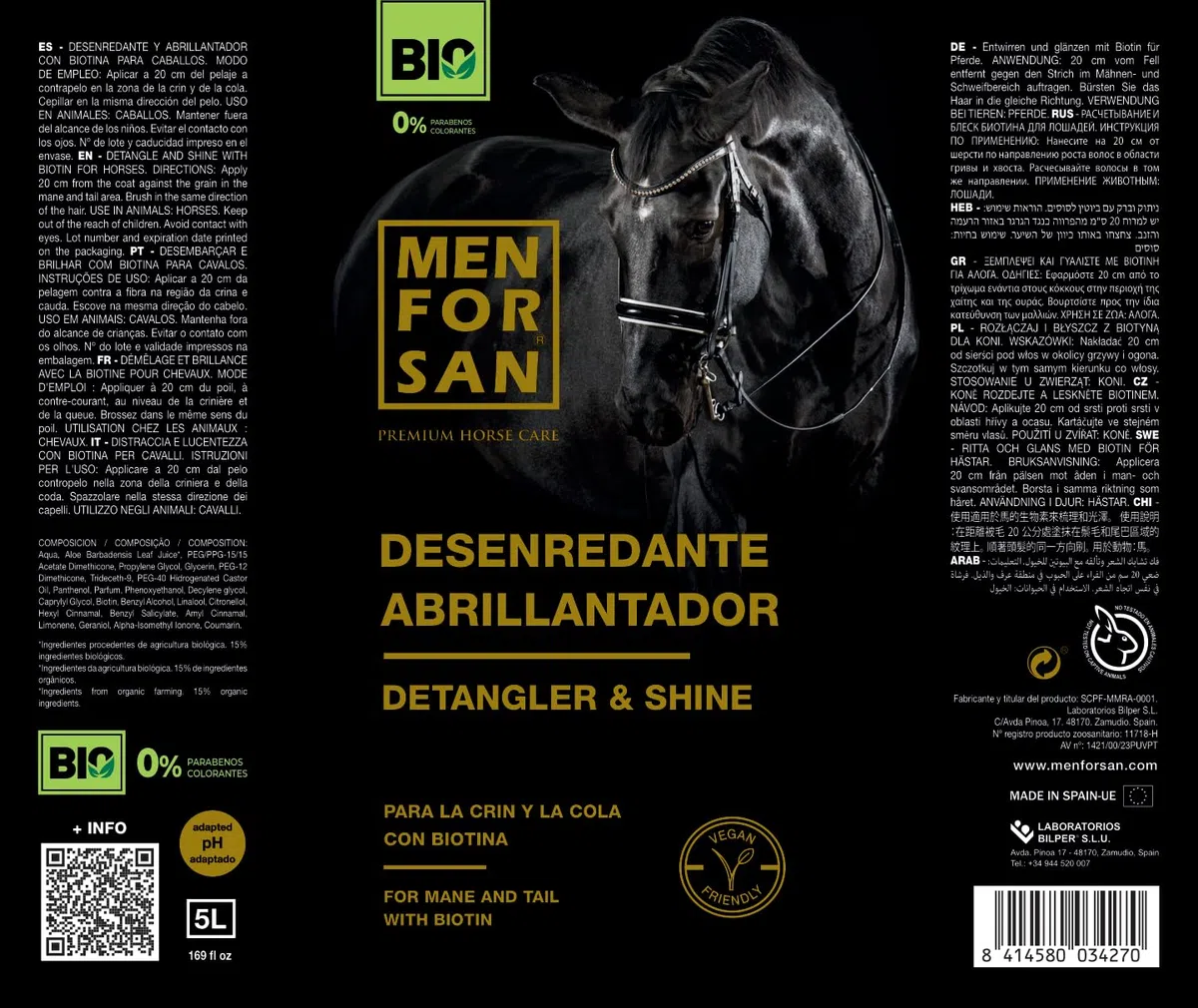 MENFORSAN Desenredante abrillantador para Caballos, 500ml | Desenreda y aporta Brillo | Crin y Cola | Bio - Vegan Friendly - 100% Natural | Premium Horse Care
