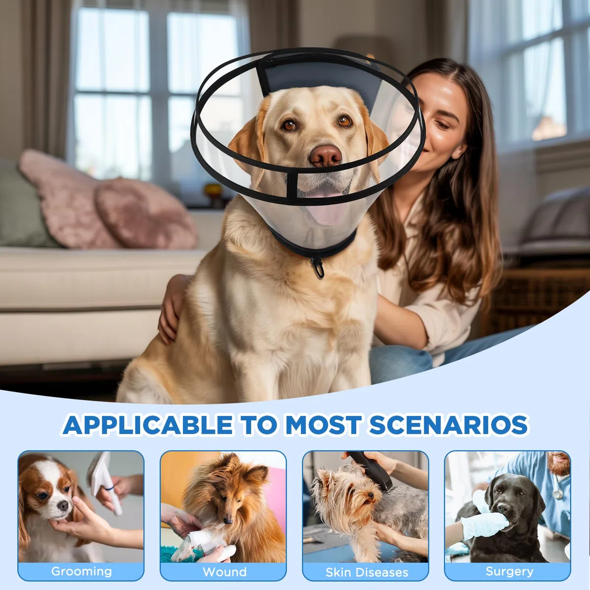 BONTHEE Collar Isabelino para Perros, Transparente Ajustable para Recuperación de Cirugía, Collar de Protección para Perros Grandes, Medianos y Pequeños y Gatos, Anti-Lamidas y Mordeduras