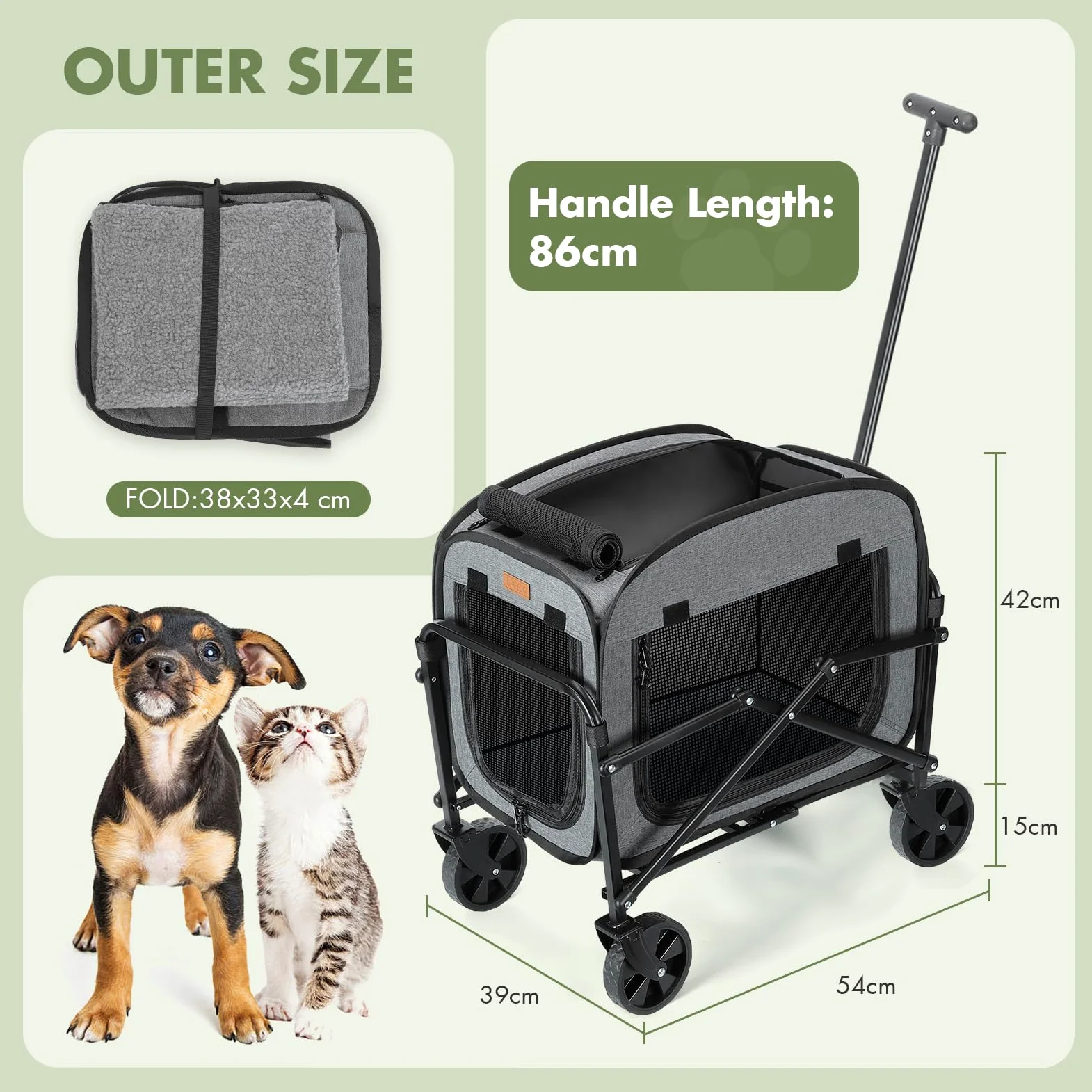 Transportador de perros con ruedas, carrito grande para perros y gatos, 18 kg, carro para mascotas con ruedas grandes todo terreno (gris)