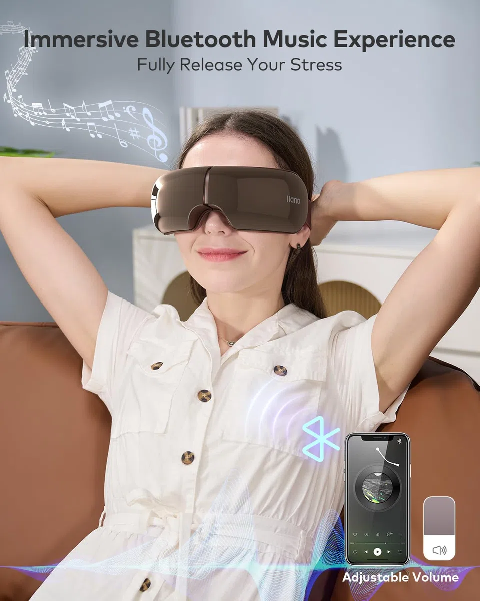llano Masajeador de Ojos con Calor, Masaje Vibratorio, Bluetooth Integrado, 4 modos, Pantalla Translúcida, Diseño Ergonómico en 3D y Plegable (Glossy Brown)