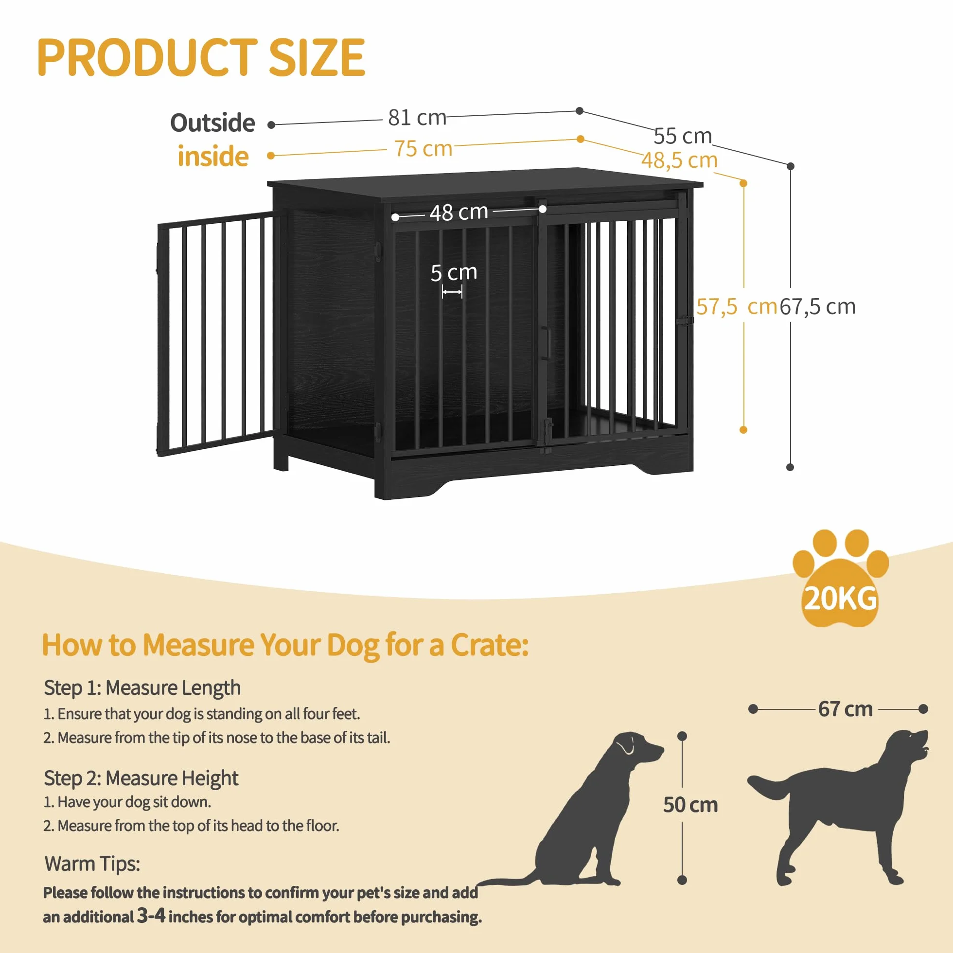 Hzuaneri 81cm Jaula para Perros, Mesa Auxiliar, casa Moderna para Perros, Jaula para Cachorros, dúplex para Animales, 2 Puertas, 55 x 81 x 67,5 cm, Negro DFC83604B