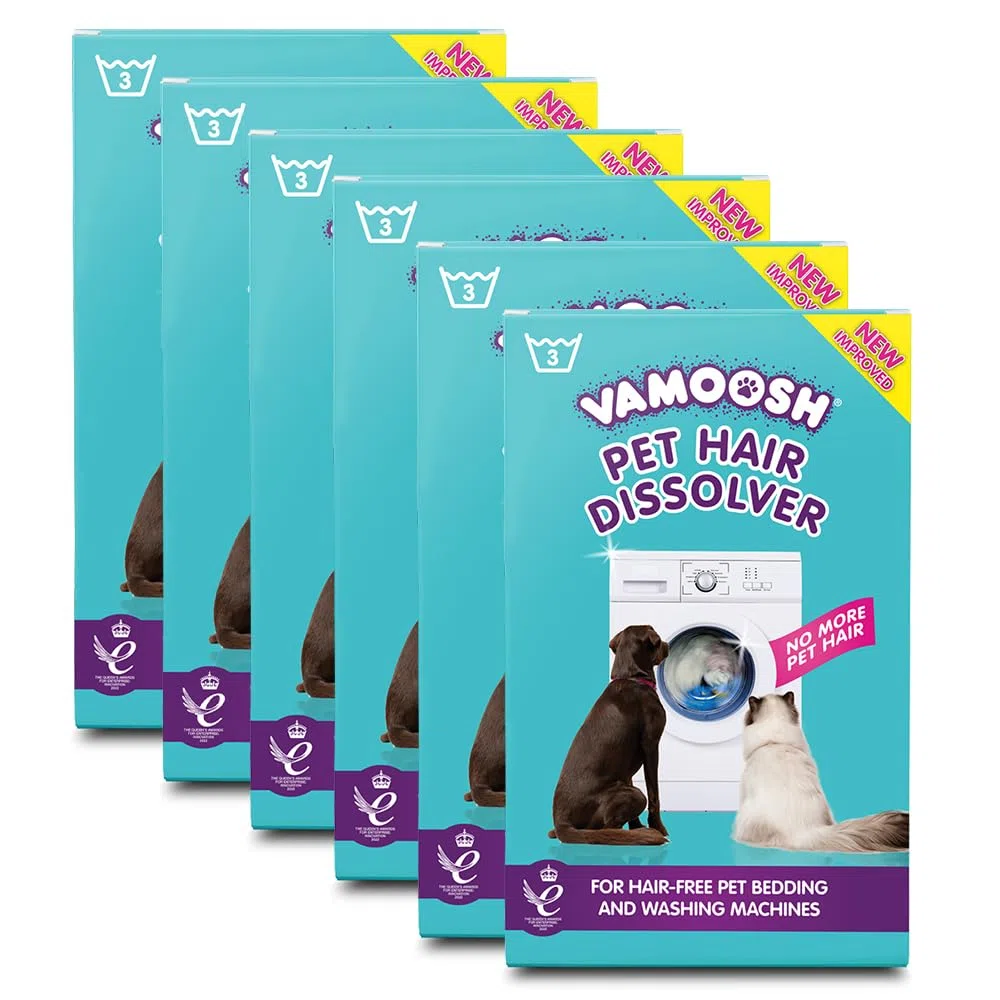 Vamoosh Quita Pelos Mascota para Detergente Lavadora - 18x100g (6 Cajas), Quitapelos para Mascotas, Perro y Gato, Limpiador de Lavadora, Disuelve Fácilmente el Pelo de Perro y Gato, 18 Lavados