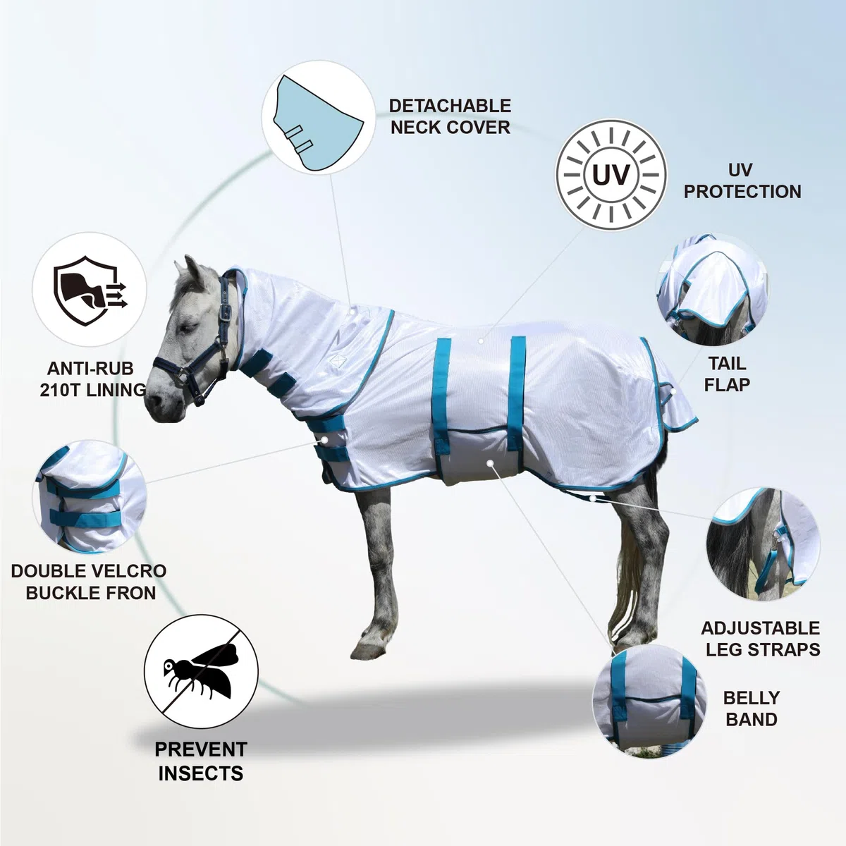 Alfombra con cuello combinado – Sábana de malla ligera y suave para verano para poni Shetland, potro/burro, blanco (3'20.3 cm)