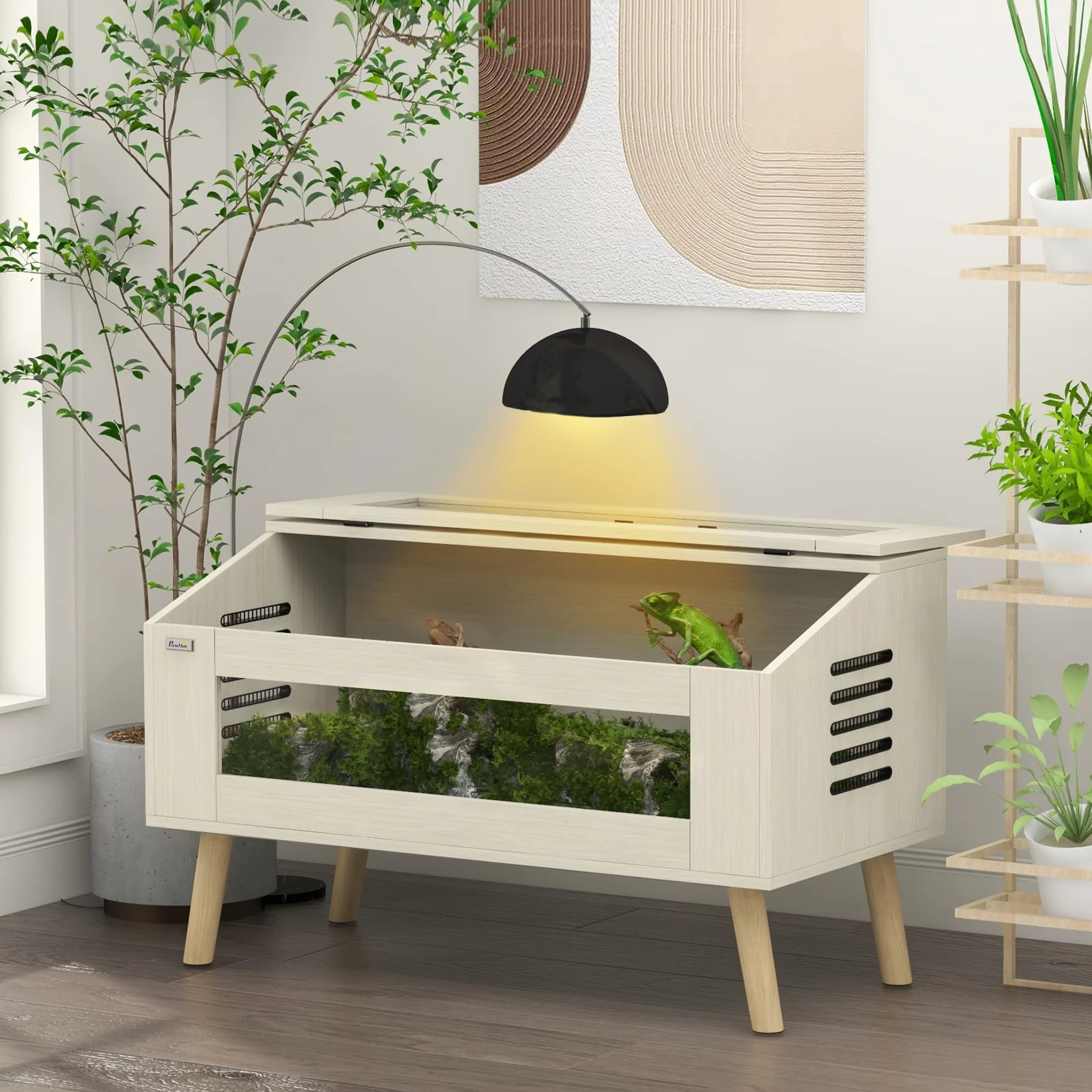 PawHut Terrarium para reptiles con ventilación lateral, Vivarium para serpientes 140L con ventanas de vidrio templado, tapa, 100x50x60 cm, madera natural