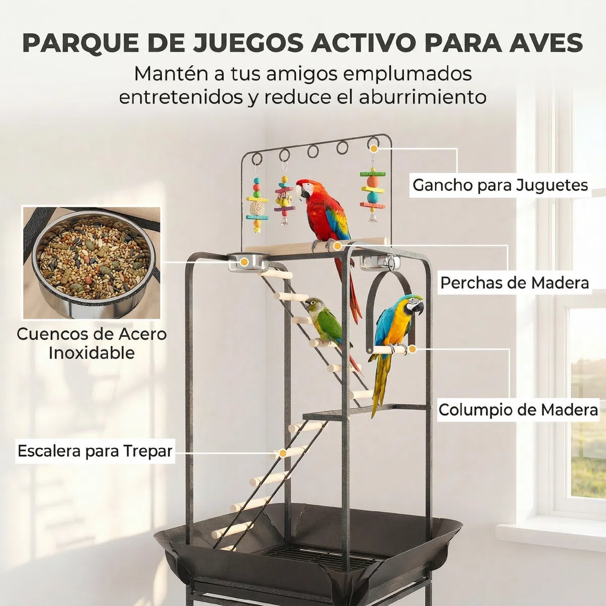 PawHut Parque de Juegos para Pájaros, Soporte para Pájaros con Ruedas, Escaleras, Columpio, Protector de Semillas, Bandeja, Comederos, Perchas, Gancho, Estante, para Periquitos Cacatúas, 63x63x163 cm
