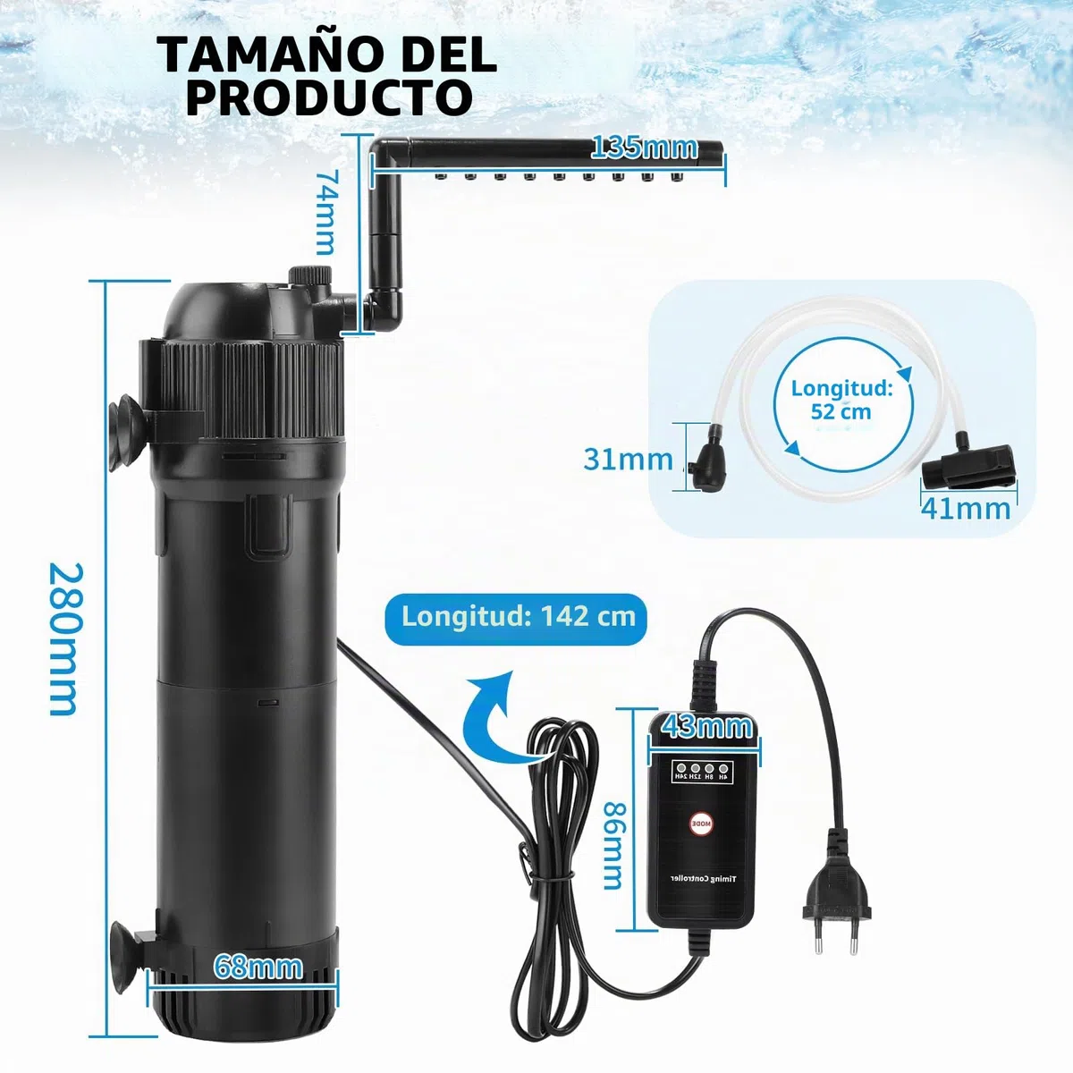 DBREAKS 5 en 1 Filtro Acuario Interno 650 L/h 6W con Lámpara UVC 8W y Temporizador, Filtro Pecera Ajustable para Acuarios 100-300 litros, Filtro Tortugas de Agua con Lampara UV