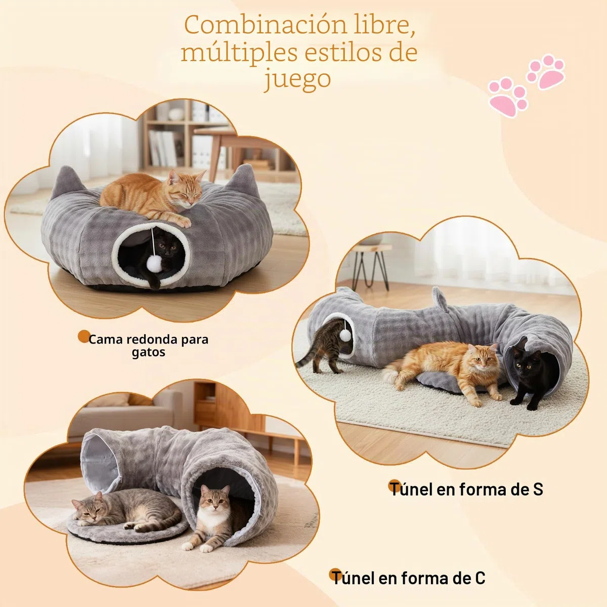 Tunel para Gatos, Túnel de Juego y Cama Gato 2 en 1 con Juguetes Colgantes, Cat Tunnel con 2 Entradas, Cojín Circular Lavable, Túnel para Gatos Plegable para Gatitos/Cachorros/Conejos