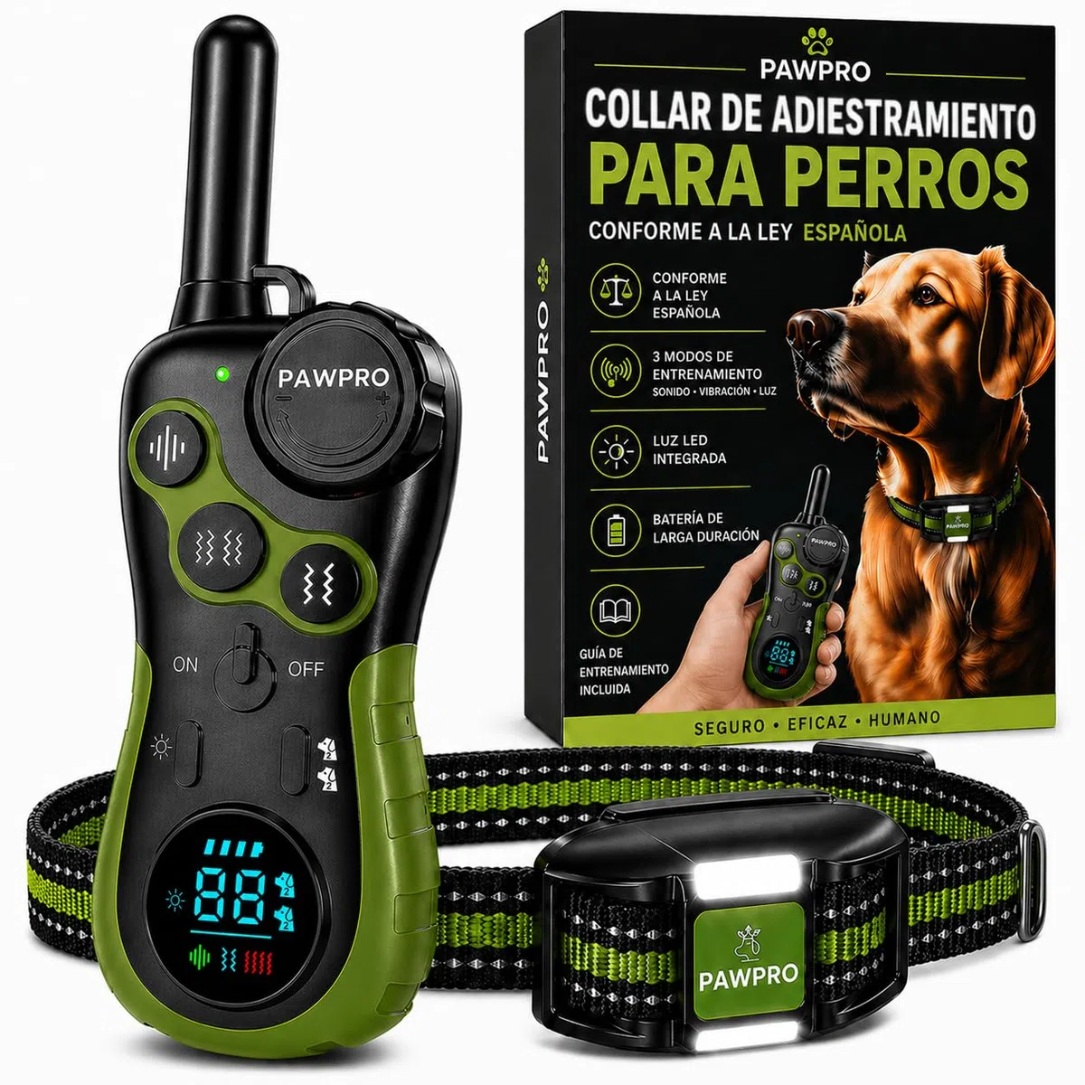 PAWPRO Collar de Adiestramiento, Conforme Nueva Ley Española de Bienestar Animal, Alcance XXL 3 km, Modo Luz Nocturna, BIP Vibración Boost, Apto para Todos los Perros, Resistente al Agua (1 Collar)