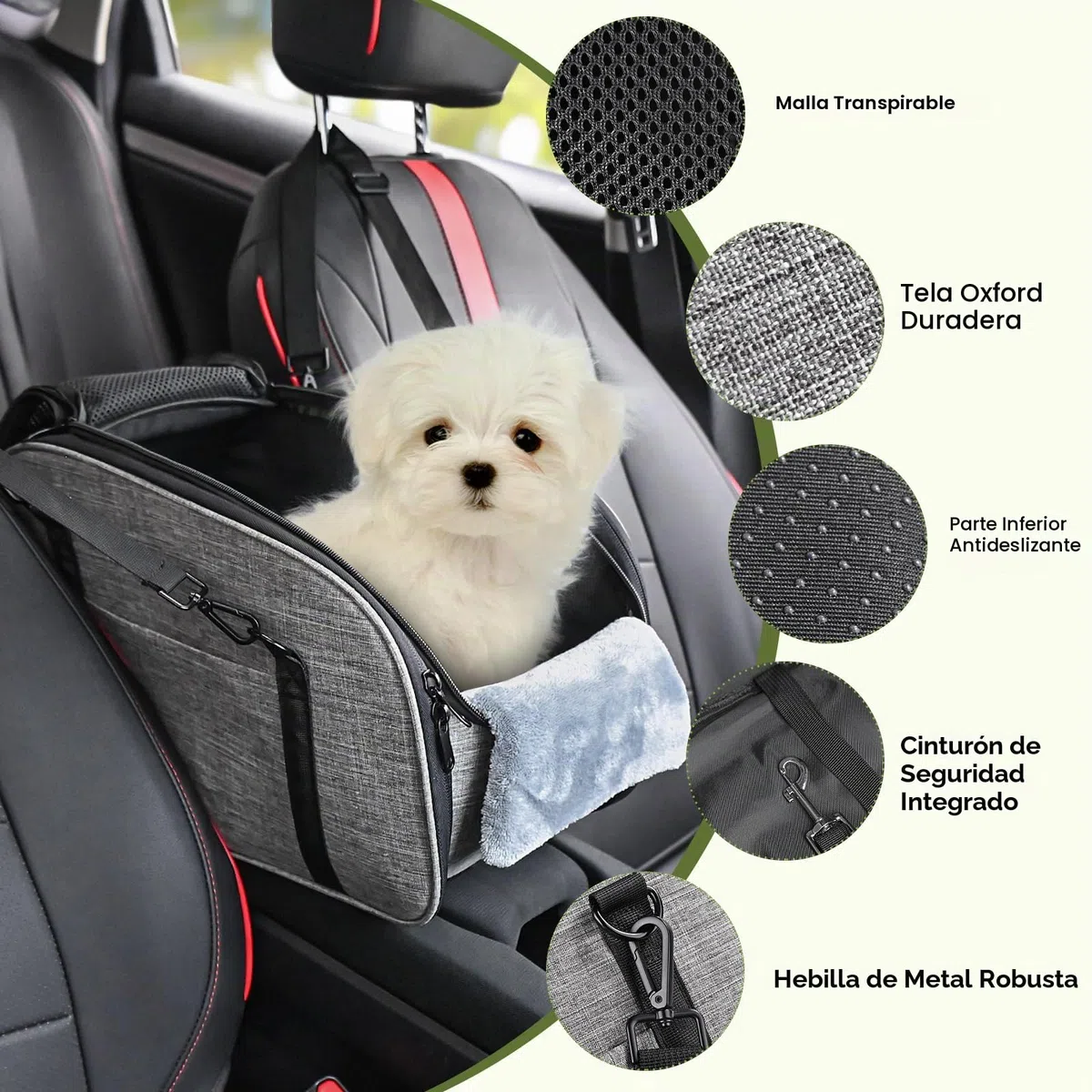 Asiento Coche para Perros Pequeños Gatos - Silla Asiento Coche Perros Consola Central, Cinturón Seguridad Doble Protección y Base Antideslizante, Cojín Lavable y Bolsillo, Gris