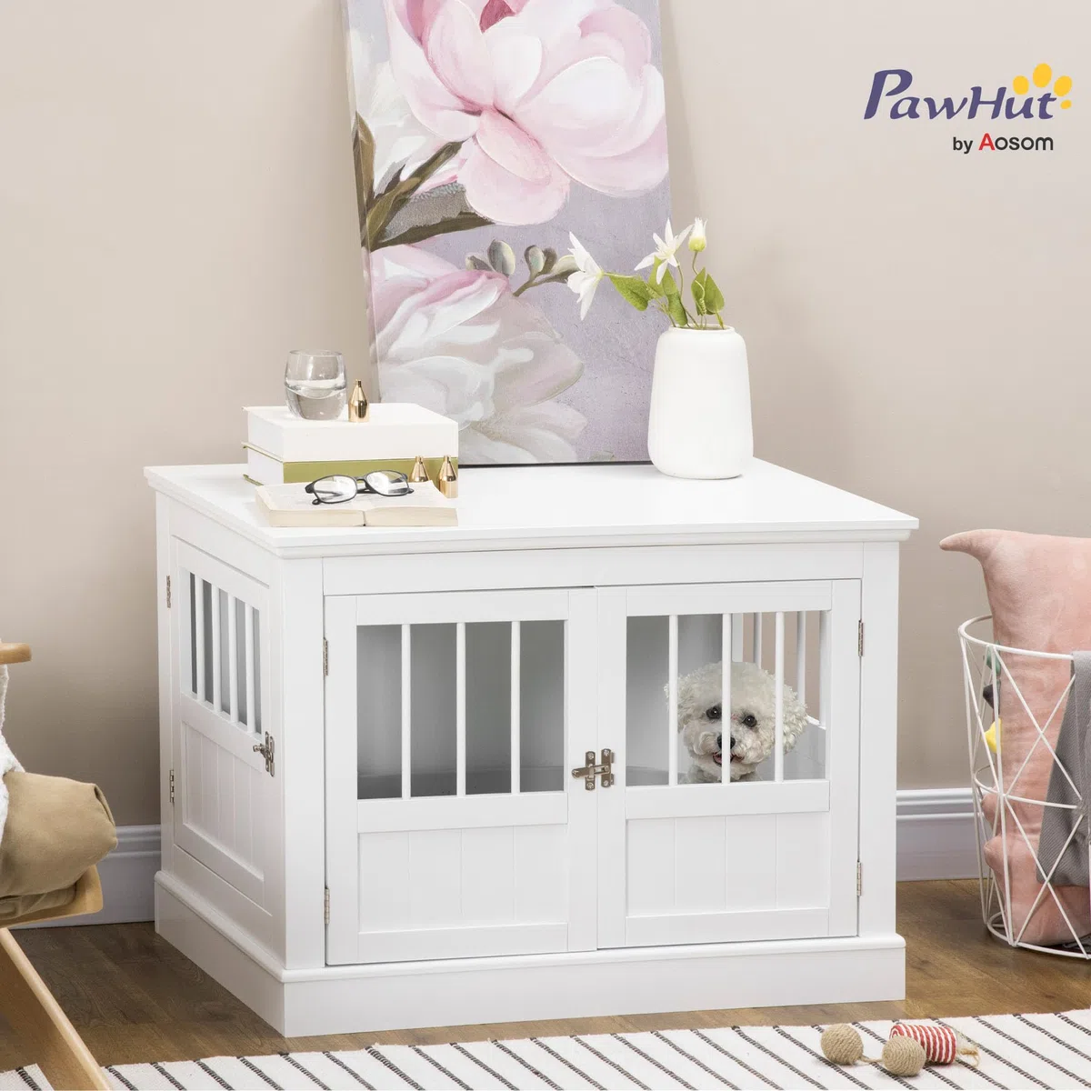 PawHut Jaula para Perros, Mesa Auxiliar, Casa para Mascotas Moderna con 3 Puertas Francés con Cierre Magnético, para Perros Pequeños, 78x53x59,3 cm, Blanco