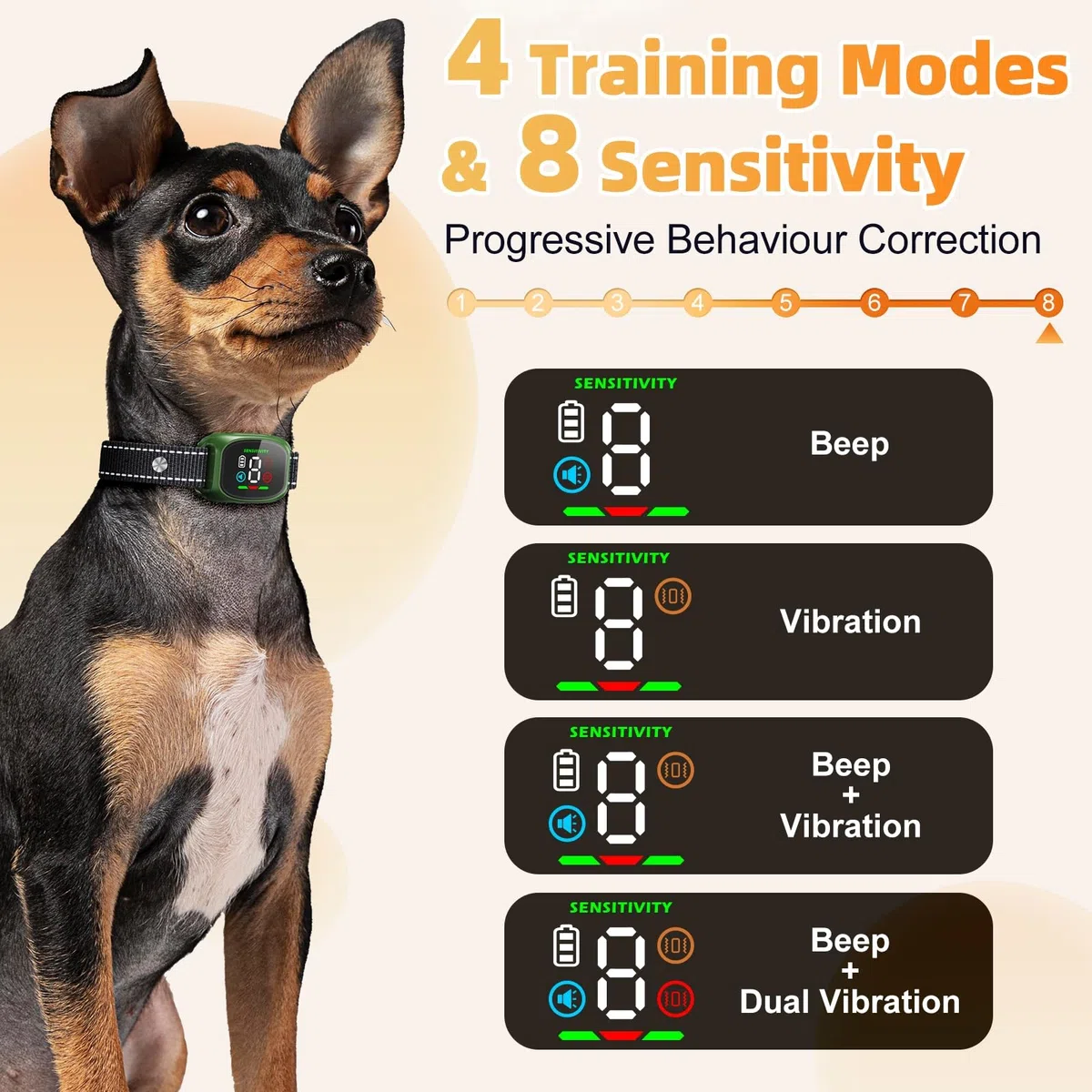 Collar antiladriods para Perros, sin Golpes, Recargable, 8 Niveles de sensibilidad, 4 Modos de pitido, vibración, bip+vibración/vibración Fuerte, Anti Bark Dog Collar, Waterproof