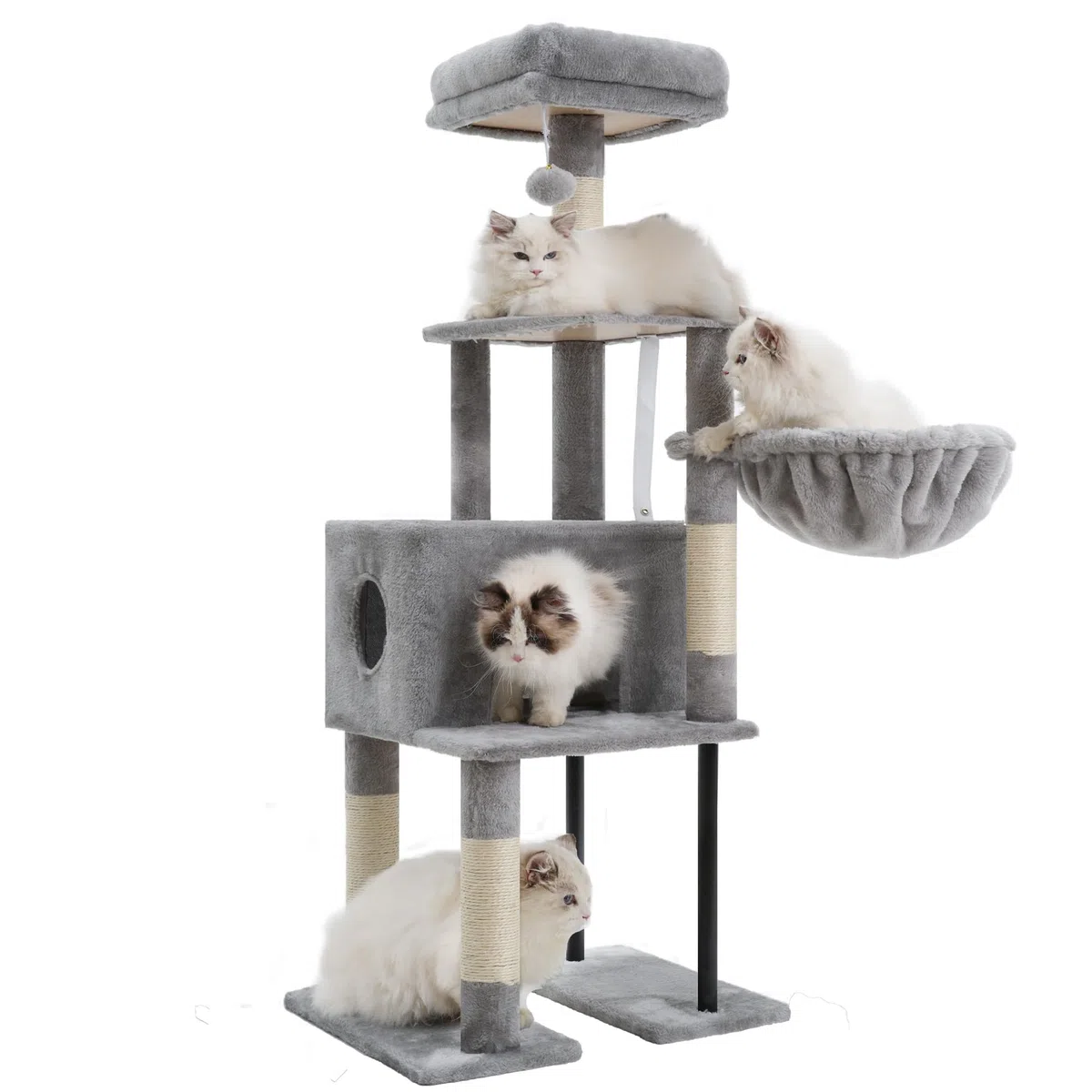 Heybly Rascador para Gatos, Árbol para Gatos De 125 Cm, Torre De Gato Espaciosa Y Cómoda con Guarida, Dos Grandes Plataformas, Cesta, Robustos Tubos De Acero, Gris Claro HCT200SW-