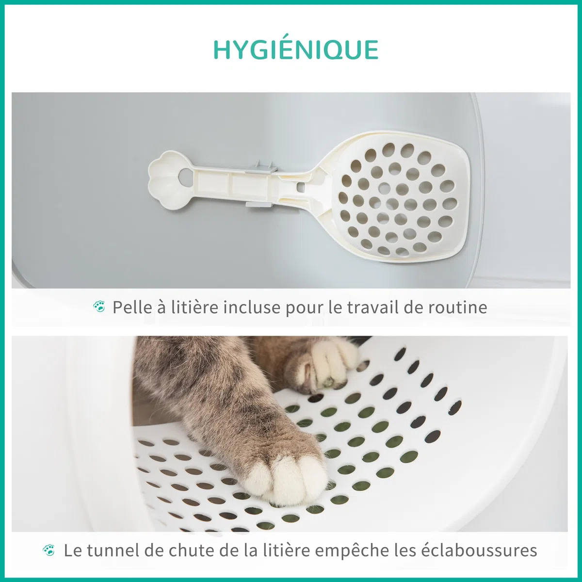PawHut Inodoro para Gatos con Tapa y Pala, plástico (PP), 55 x 40 x 39 cm, Color Blanco