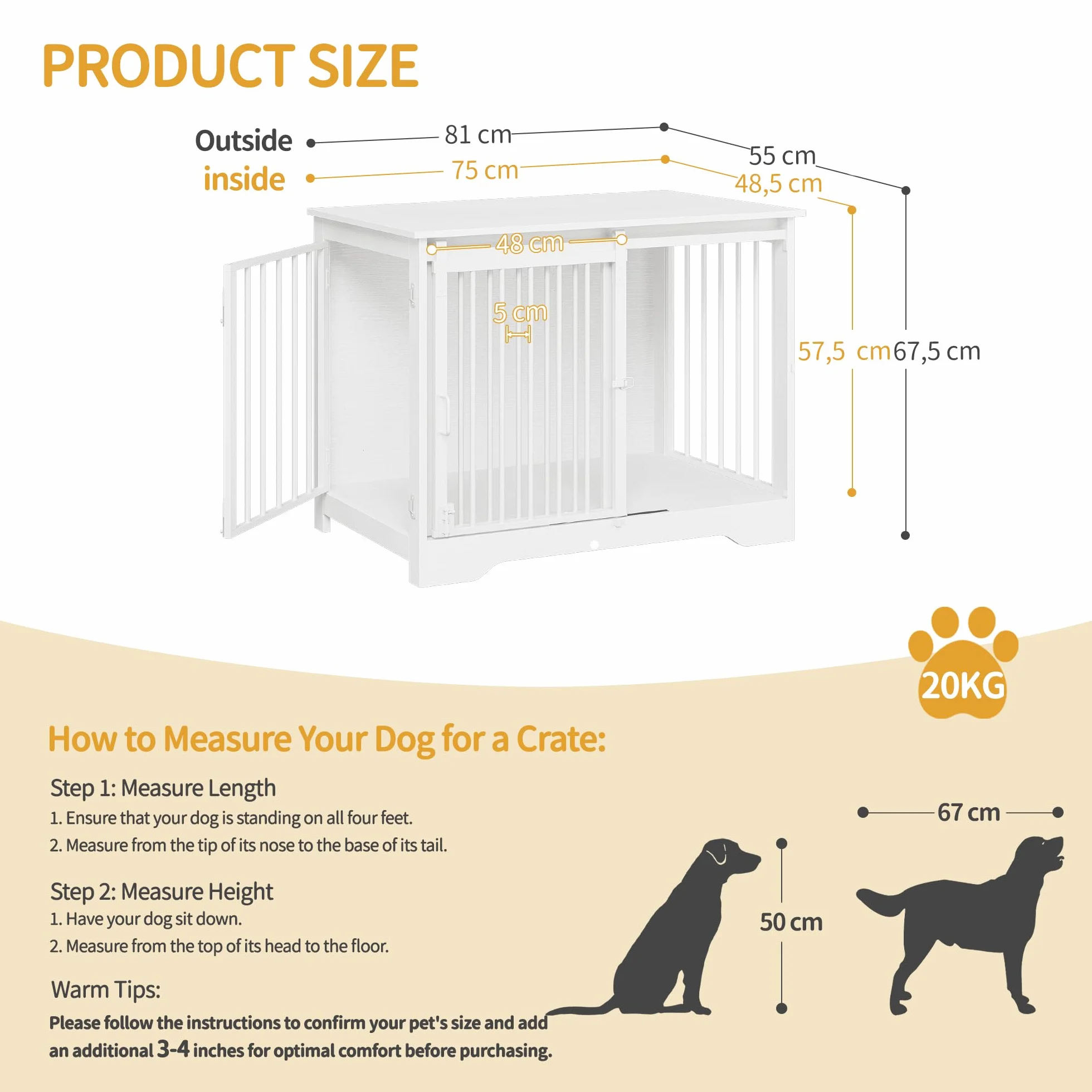 Hzuaneri 81cm Jaula para Perros, Mesa Auxiliar, casa Moderna para Perros, Jaula para Cachorros, dúplex para Animales, 2 Puertas, 55 x 81 x 67,5 cm, Blanco DFC83613W