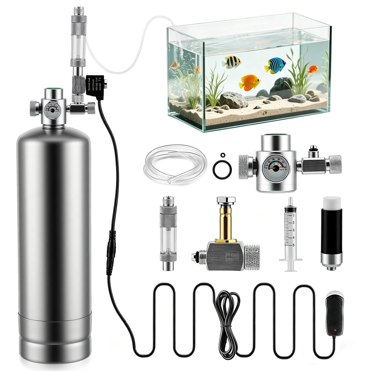 Sistema de reactor de dióxido de carbono de 2 L con regulador y válvula de aguja, generador de CO2 de acero inoxidable para acuario, con válvula magnética para plantas de acuario