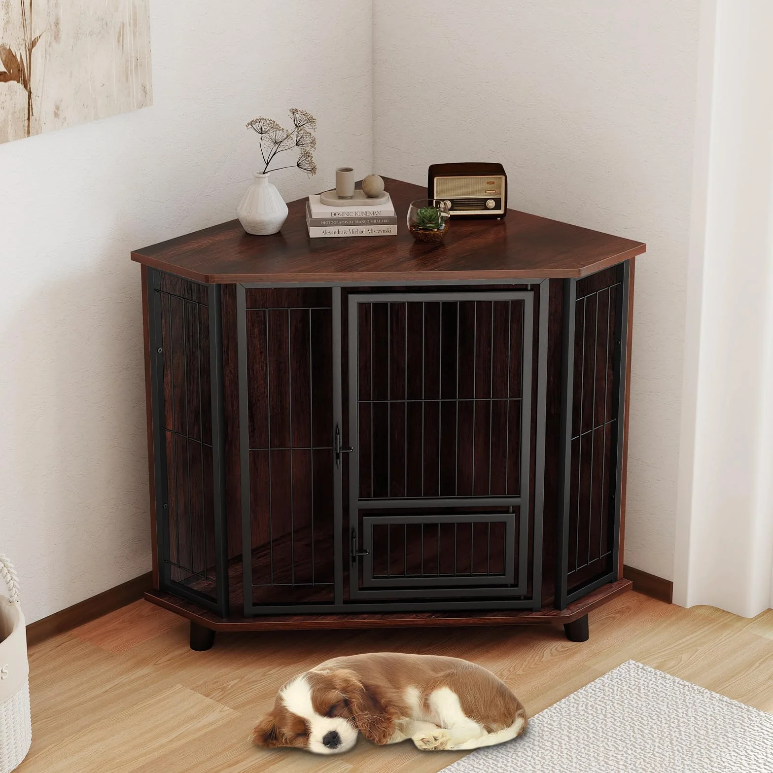 COSTWAY Mueble Esquinero para Perros, Muebles de Jaula Esquinera para Perros, Ahorra Espacio, Marco Metálico, Mesa Auxiliar Interior para Mascotas Pequeños Medianos Grandes, Soporta hasta 30 kg