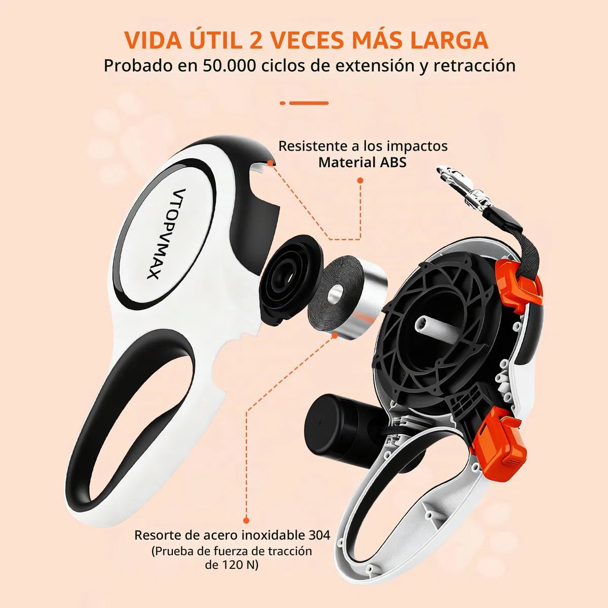Correa Perro Extensible 8m - Correa Resistente para Perros Medianos/Grandes hasta 50kg, con Cable Anti-Mordidas, Dispensador De Bolsas para Heces Y Freno De Una Mano (Negro/Blanco)