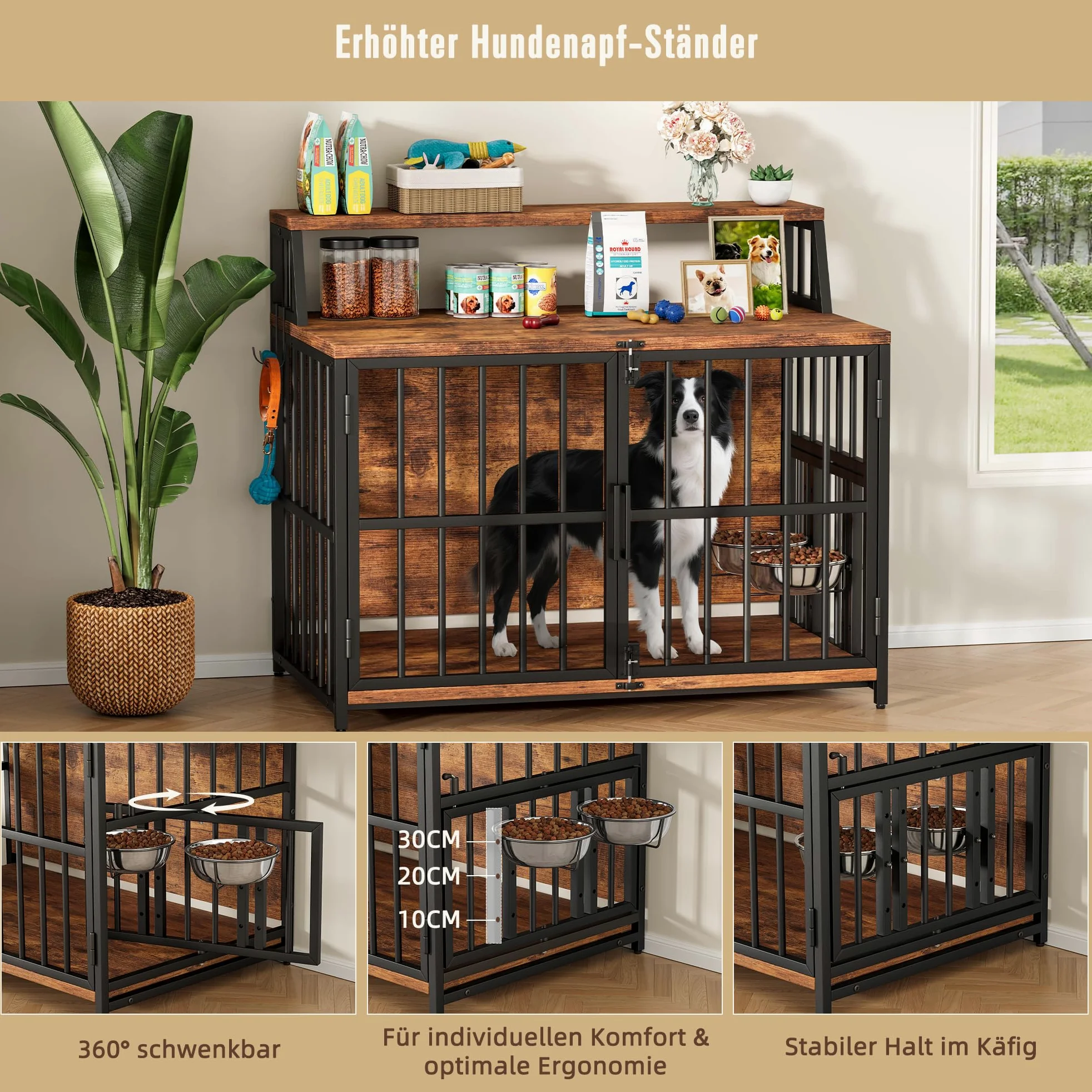 Jaula para perros, muebles para el hogar, 100 x 60 x 85 cm, jaula para perros de madera con comederos giratorios para perros, caseta para perros en estilo mobiliario con espacio de