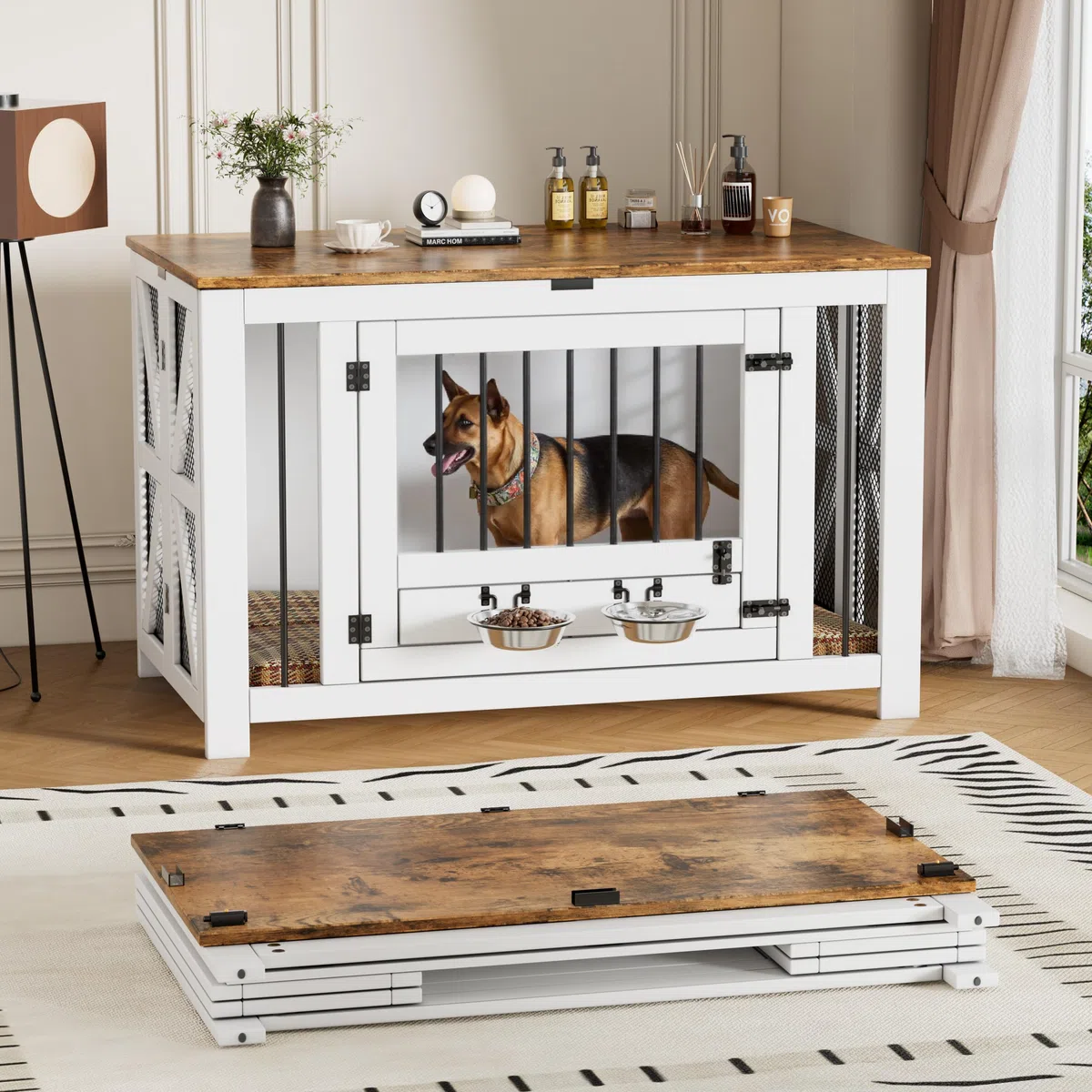 Mueble jaula grande para perros de 41,3", plegable, caseta de madera para perros (15,9-27,2 kg) con 2 cuencos, mesa auxiliar interior estilo granja