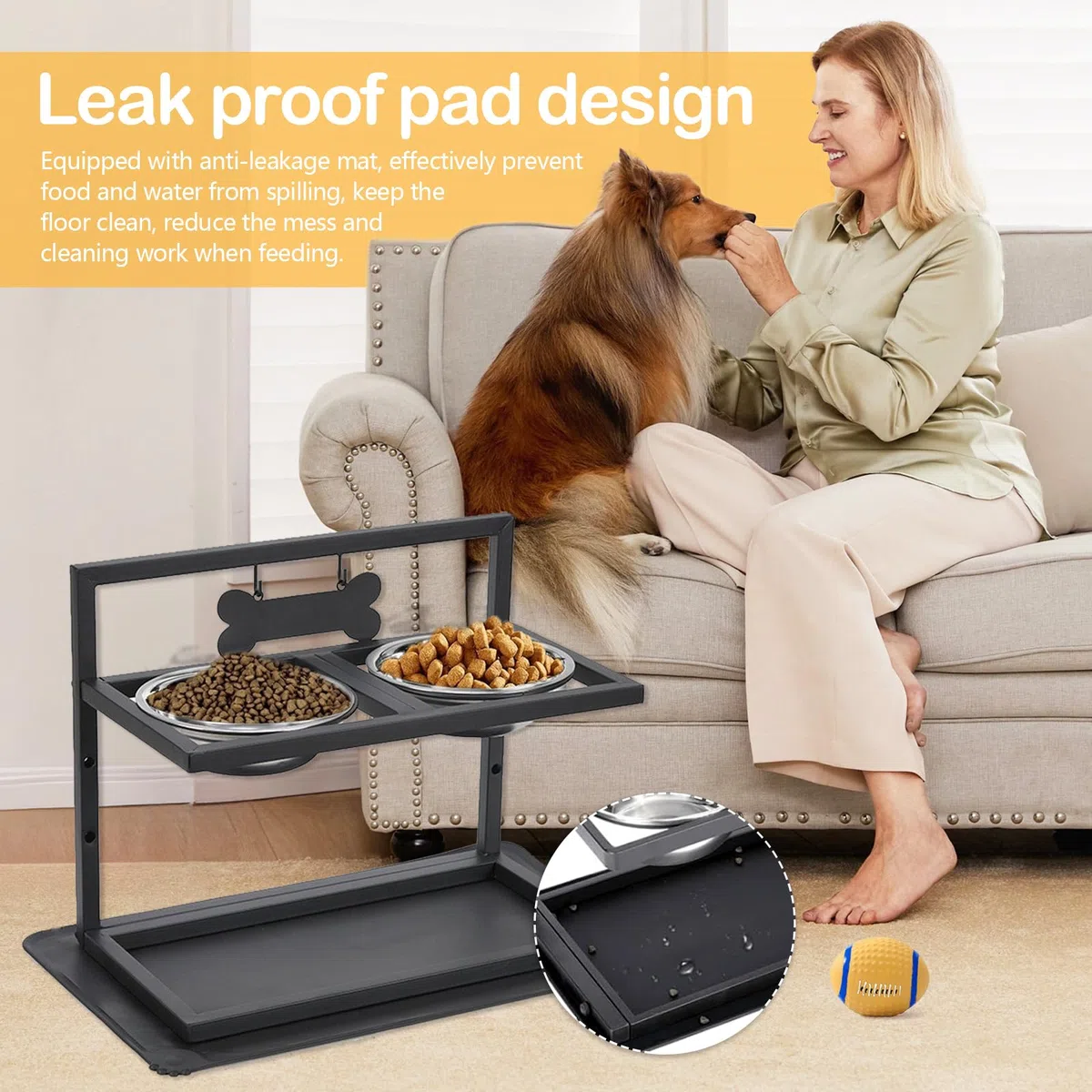 Comedero Elevado para Perros con 2 Cuencos De Acero Inoxidable Tapete Antifugas Altura Ajustable En 3 Niveles Color Negro 42 X 32 X 20,5 Cm