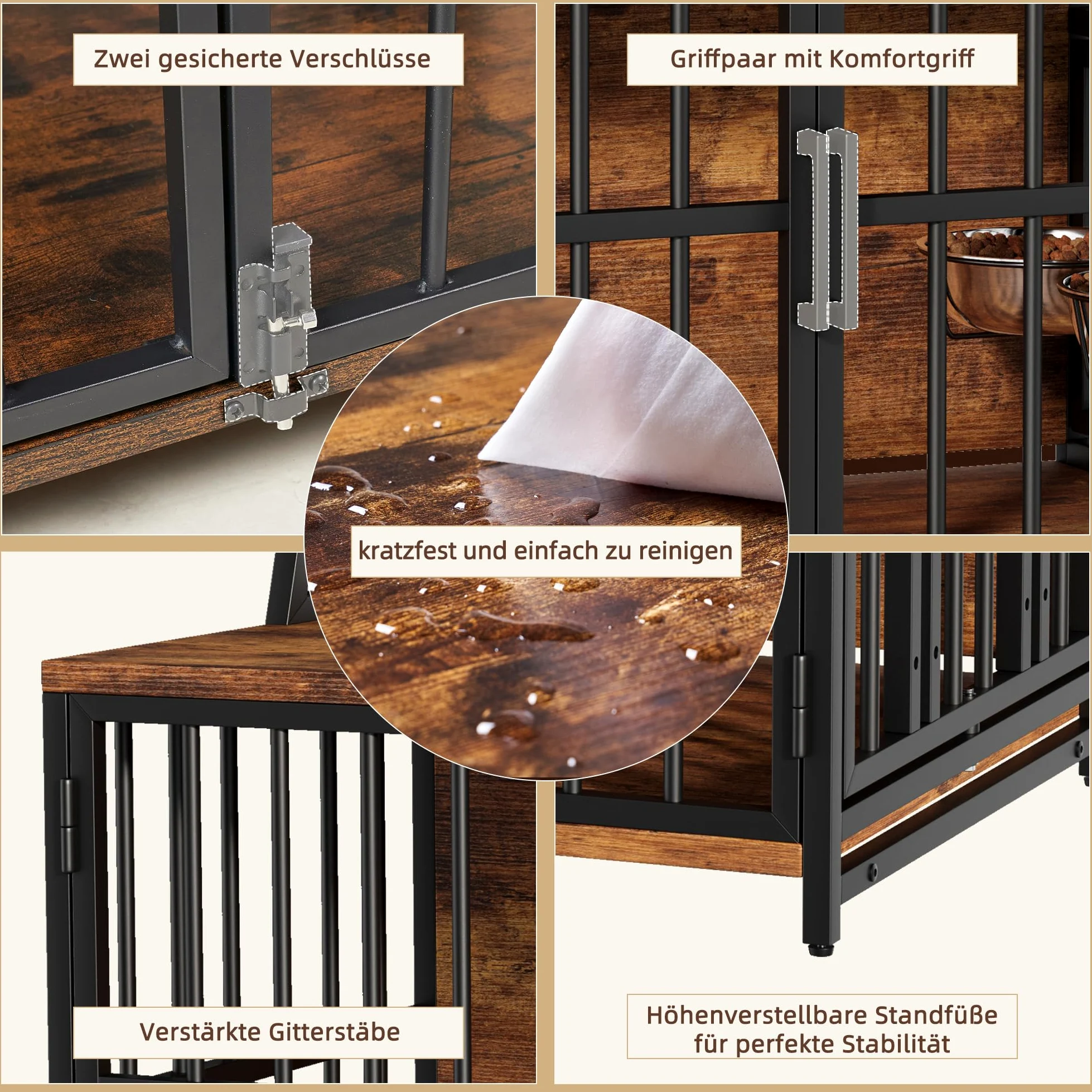 Jaula para perros, muebles para el hogar, 100 x 60 x 85 cm, jaula para perros de madera con comederos giratorios para perros, caseta para perros en estilo mobiliario con espacio de