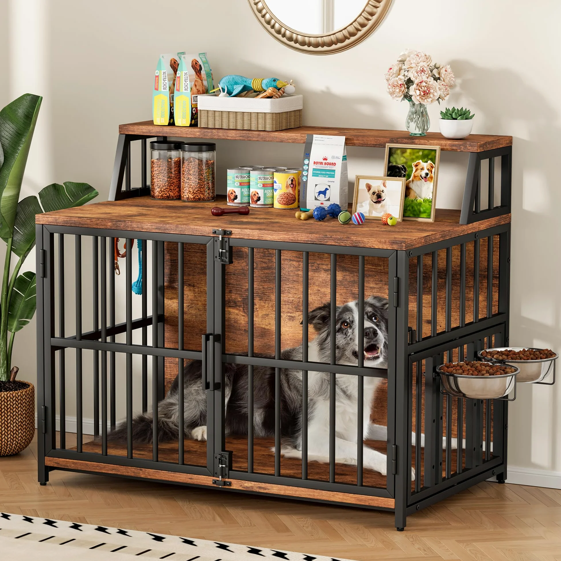 Jaula para perros, muebles para el hogar, 100 x 60 x 85 cm, jaula para perros de madera con comederos giratorios para perros, caseta para perros en estilo mobiliario con espacio de
