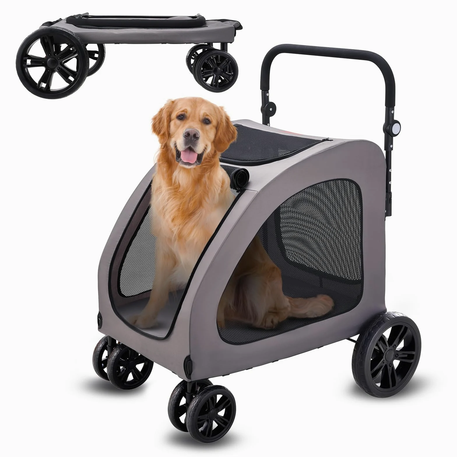 VEVOR Cochecito para Mascotas 4 Ruedas Capacidad de Peso de 173 kg Carrito Portátil para Mascotas con Ventanas de Malla Transpirable Altura Ajustable Cochecito para Animales Pequeños Medianos