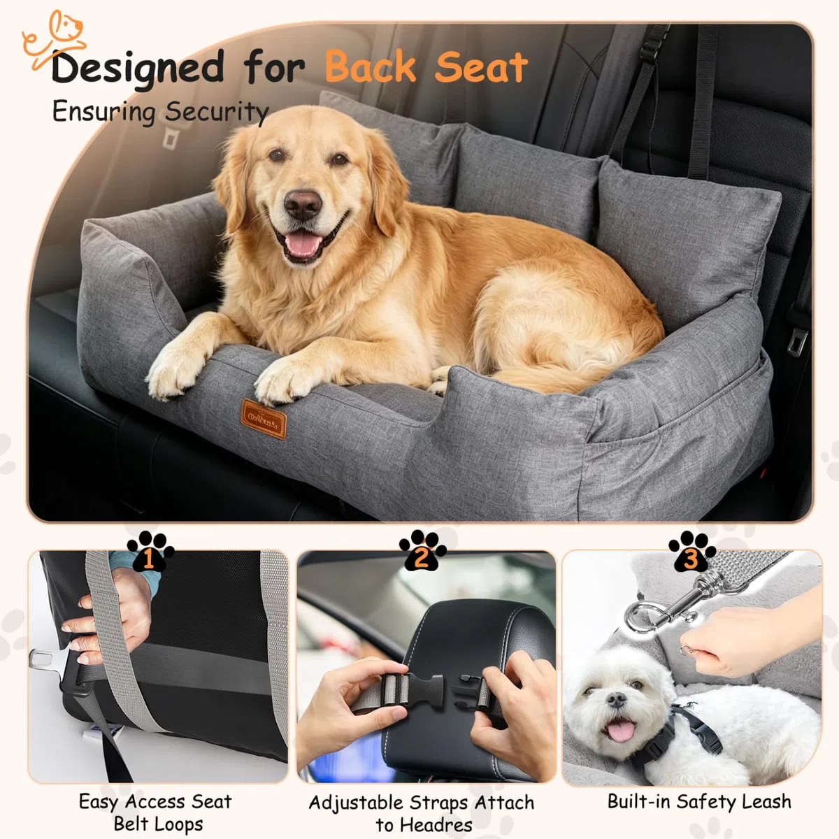 Nobleza Asiento de Coche para Perros Medianos a Grandes, Cinturón de Seguridad Estable,Bolsillos de Almacenamiento, Adecuado para Perros Medianos y Grandes, L92*W50*H40cm, Gris
