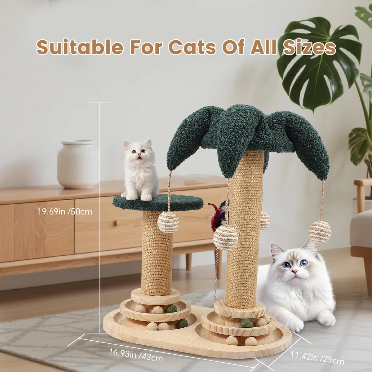 Juego de Juguetes interactivos 6 en 1 para Gatos con Pelota giratoria, Plumas, sisal y Yute Poste rascador, Tabla rascadora y Juguete, Mueble rascador, Juguete de Madera para Gatos con Plumas
