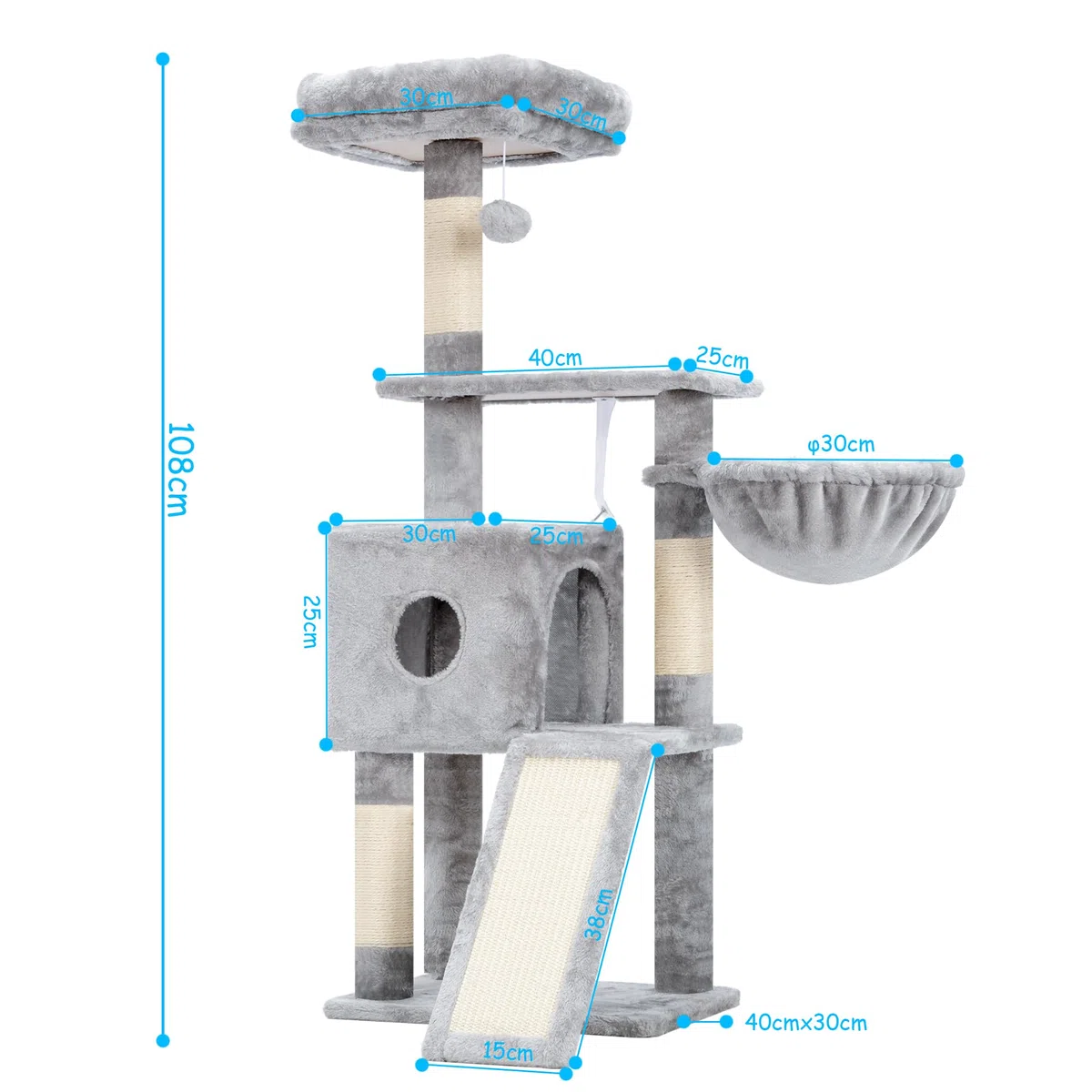 Hey-brother Árbol rascador para gatos, 108 cm, para interiores, varios pisos para gatitos, con columnas para rascar, rampa, cesta, espacioso agujero para gatos y juguete con pompón colgante, gris
