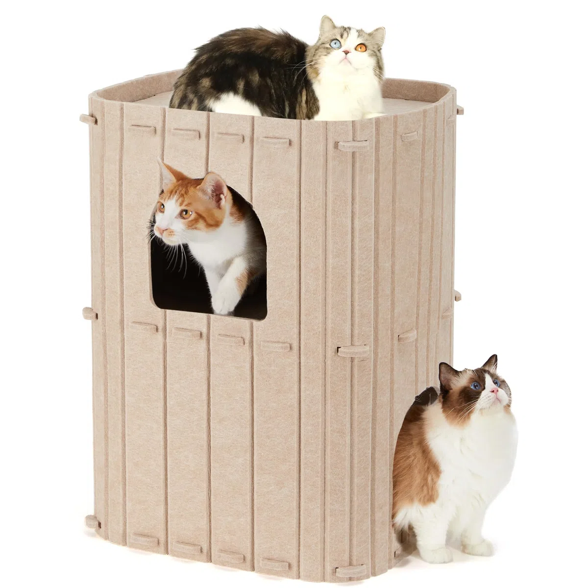 FUKUMARU Cueva Estable de Fieltro para Gatos, Cama de 3 Capas, para Dormir, Jugar y Esconderse, Beige, 45 x 37 x 60 cm, Grande, Beige
