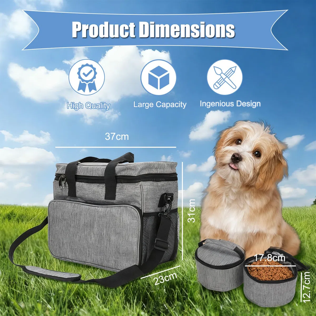 Bolsa de viaje para perros grande bolsa de viaje para perros, organizador de suministros para mascotas con 2 recipientes de comida y 2 cuencos plegables para perros y gatos, bolsa grande para