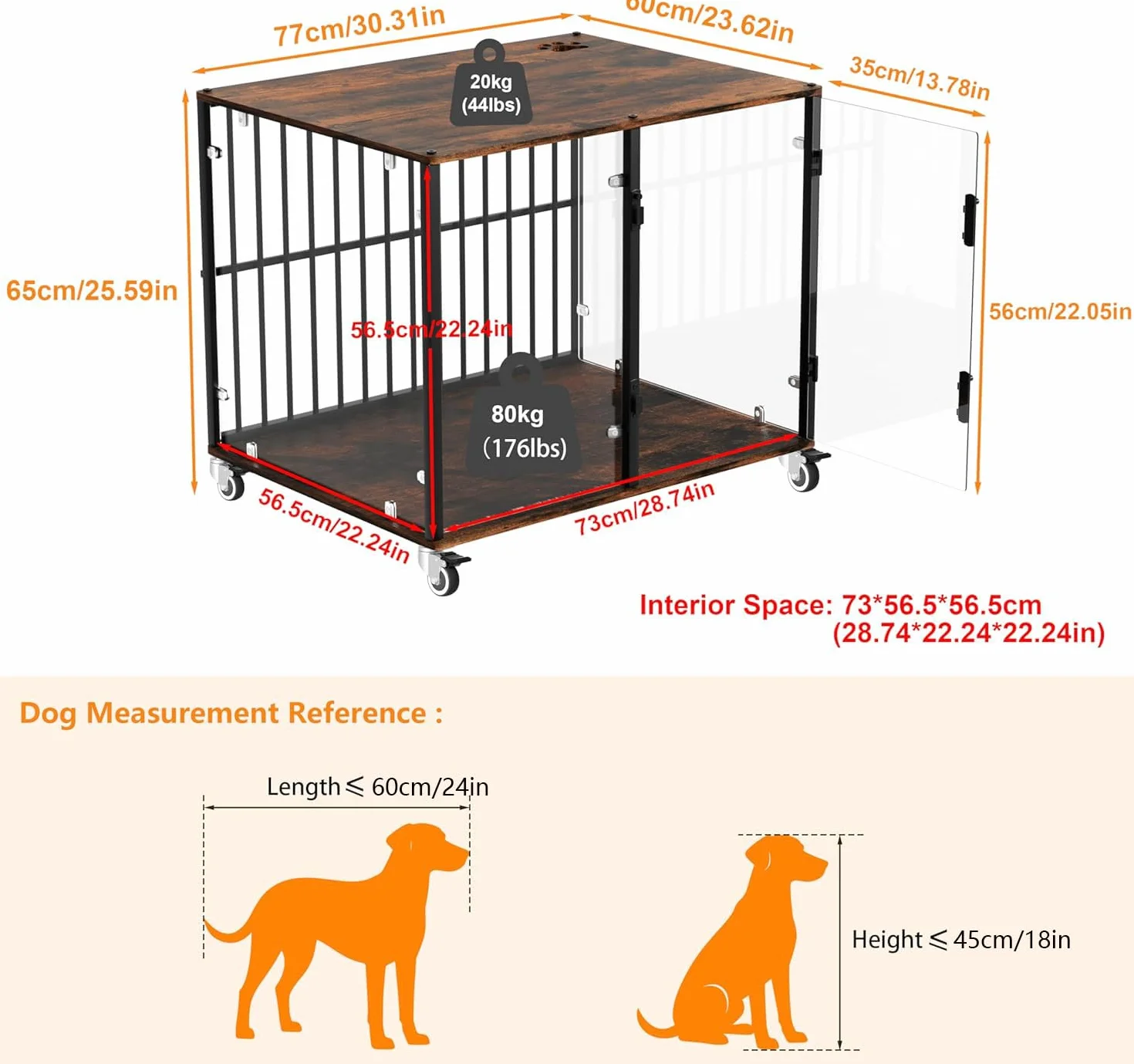 Bingopaw Jaula para Perros Mediano Mueble 77x60x65cm Jaula Perros Transparente de Vidrio Templado Resistente a Las Mordidas y Duradera con Hierro Fuerte Anticorrosivo y Superficie de Mesa