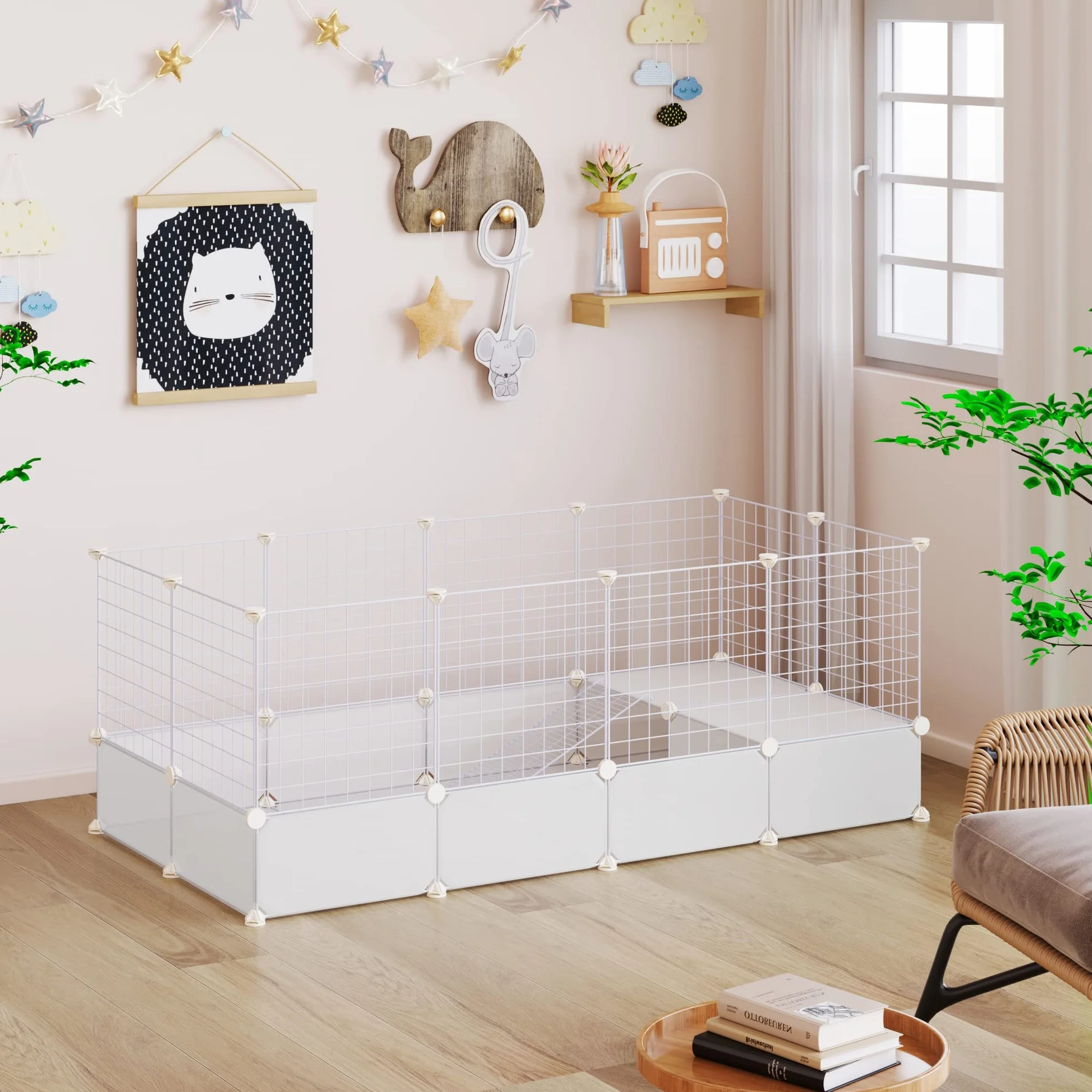 EUGAD Valla para Mascotas, Jaula Modular, Recinto Interior de Plástico con 35 Paneles, Jaula para Animales Pequeños, Personalizable Parque para Cobayas Conejos Chinchillas 142x71x53cm, Blanco