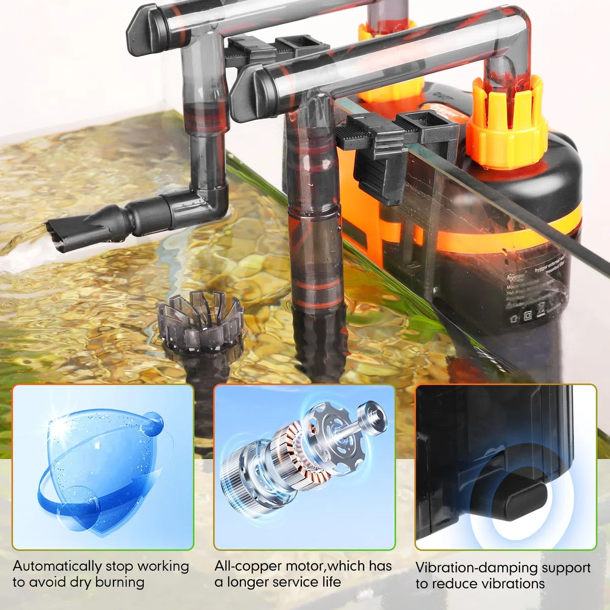 Hygger Filtro Acuario, 380 L/H 6W Filtro Acuario Extern, Silencioso Filtro Acuario Mochil con Boquilla de Pico Pato Salida de Tubo Ducha, Ajustable Aquarium Filter para Tanque de 40-75L
