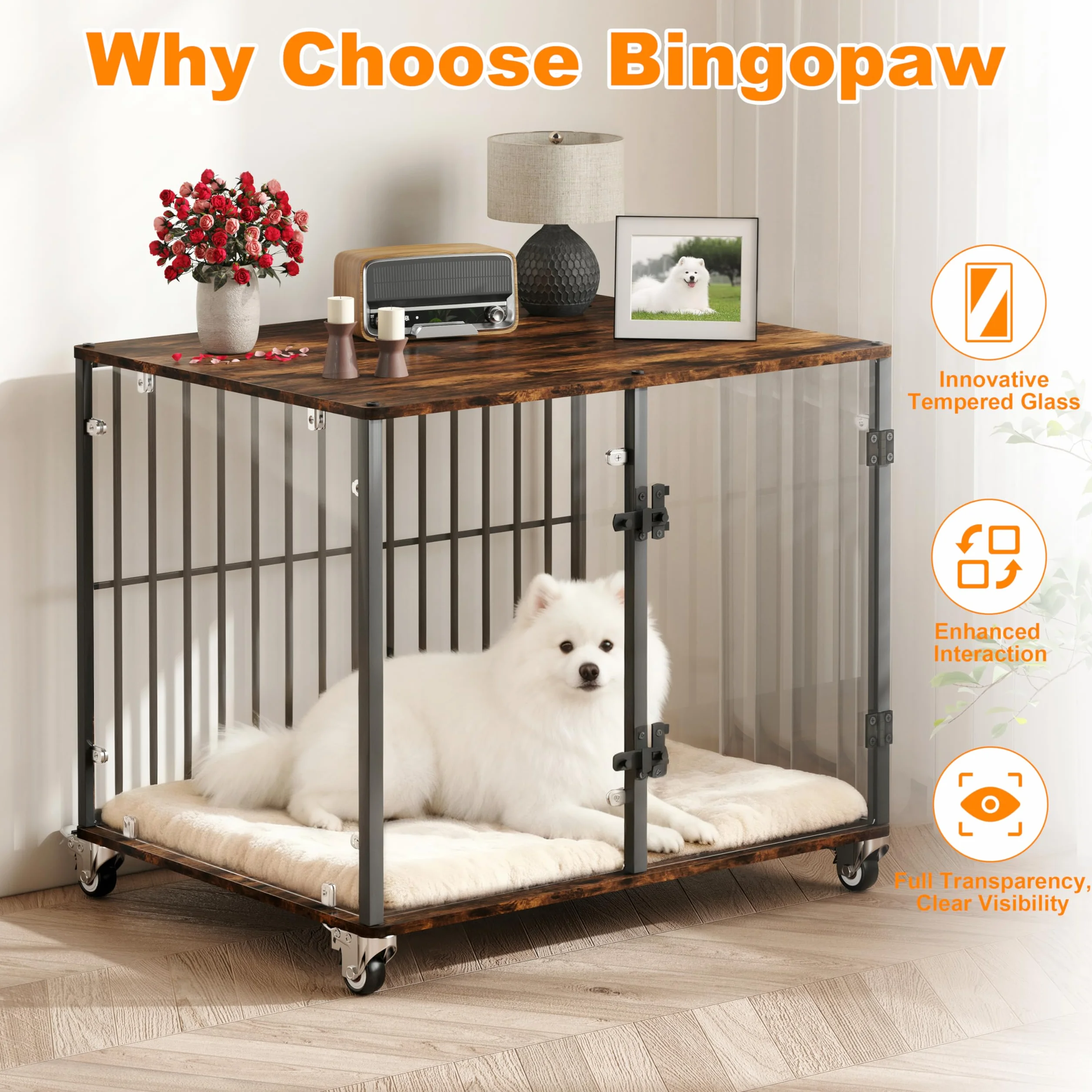Bingopaw Jaula para Perros Mediano Mueble 77x60x65cm Jaula Perros Transparente de Vidrio Templado Resistente a Las Mordidas y Duradera con Hierro Fuerte Anticorrosivo y Superficie de Mesa