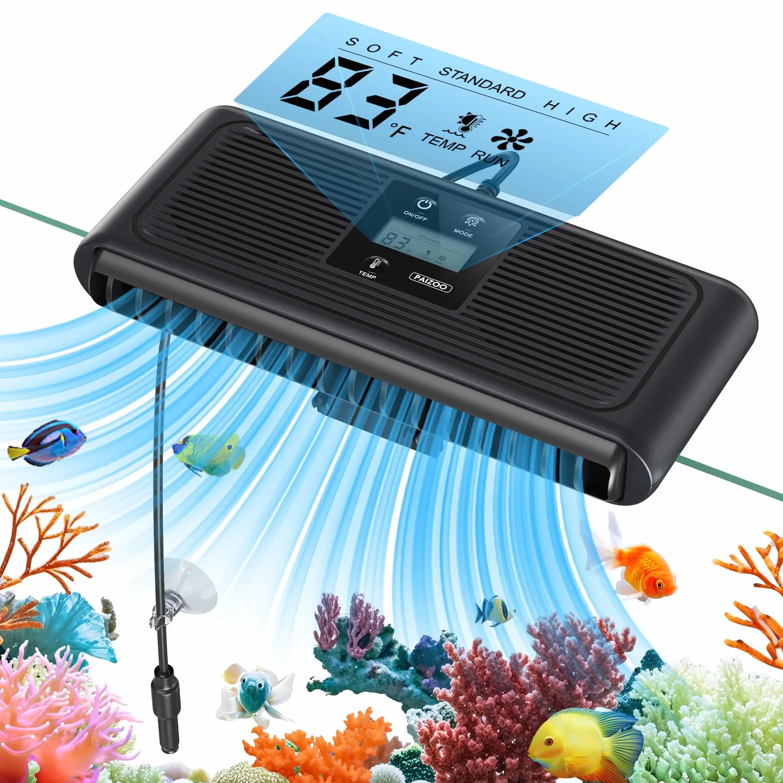 PAIZOO Ventilador enfriador de acuario, control automático de temperatura, ventilador enfriador de tanque de peces para acuario con sonda de temperatura, pantalla LCD, 3 modos de velocidad, enfriador