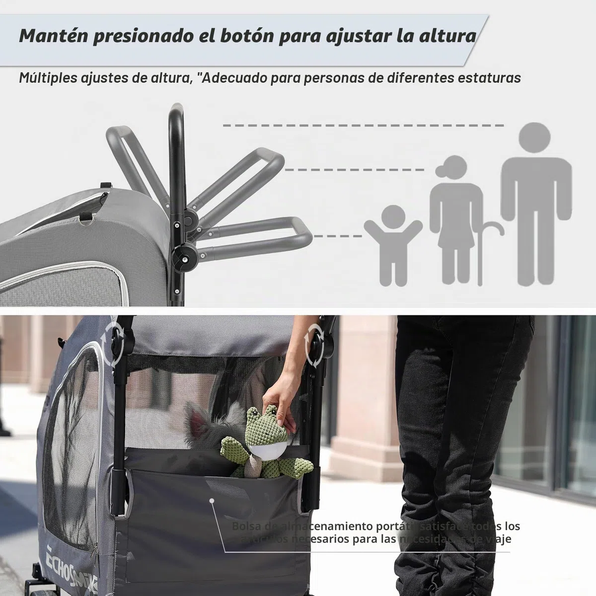 EchoSmile Carrito para Perros pequeños y medianos 20 kg, Carro Perro Plegable, Todoterreno con Doble Freno, Cinturones de Seguridad y Ventanas de Malla, Gris