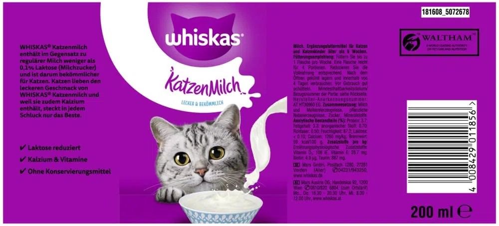 Whiskas Leche para Gatos, 15 Paquetes (15 x 200 ml)