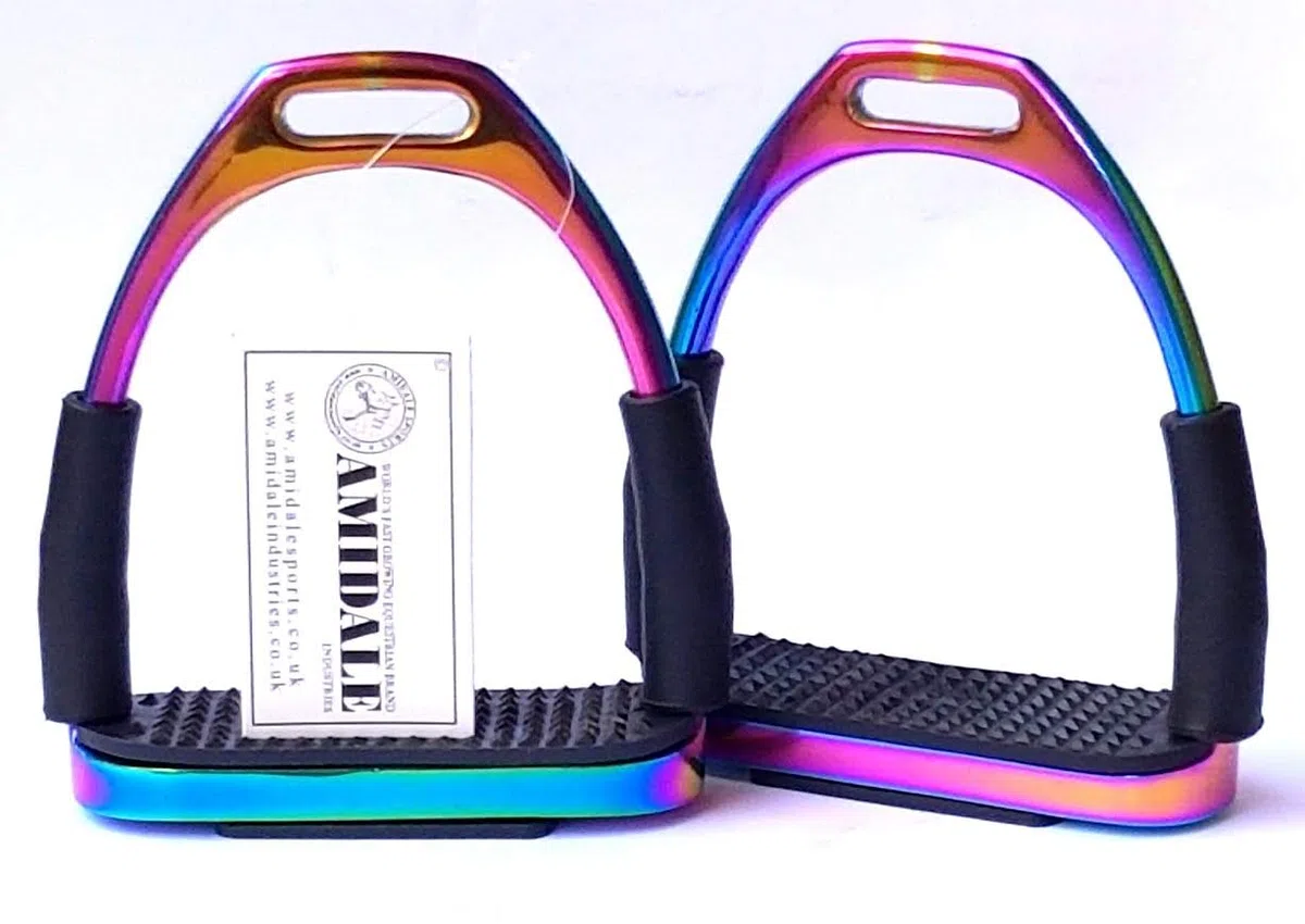 Amidale Rainbow Flexi - Estribos de seguridad para montar a caballo, hierro de acero BNWT de 4.00 pulgadas y 4.75 pulgadas (4.00 pulgadas)