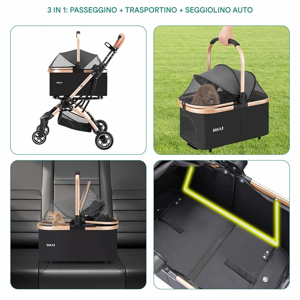 BAKAJI Cochecito para perros y gatos 2 en 1 con capazo extraíble y cierre ahorra espacio, cochecito para mascotas con cápsula transportín extraíble y techo abatible, peso máx. 50 kg (negro)