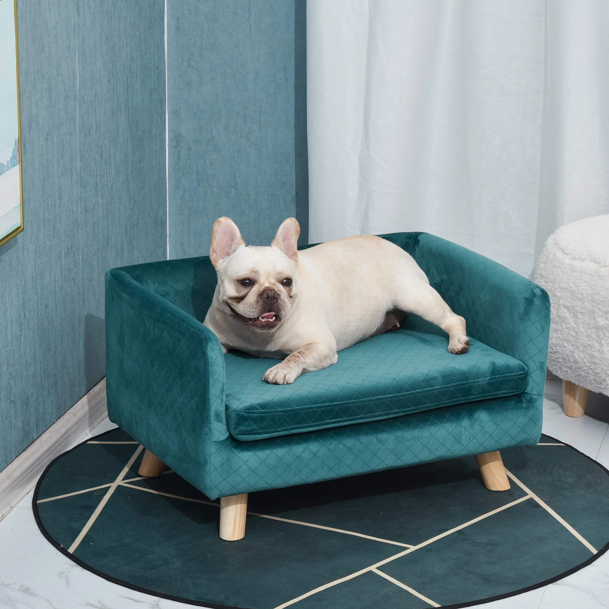PawHut Sofá para Perros Cama para Perros Diseño escandinavo Cojín suave Patas de madera maciza dim. 64 x 45 x 36 cm Terciopelo Azul Pato