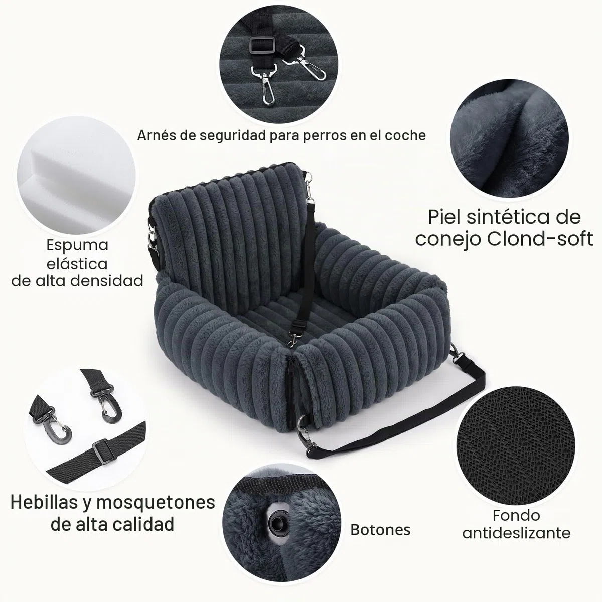 MIXJOY Asiento de Coche para Perros pequeños y medianos, extraíble y Lavable, Correa con inserción, Relleno de Espuma viscoelástica Espesa, para Asiento Trasero y Delantero (Ggris)